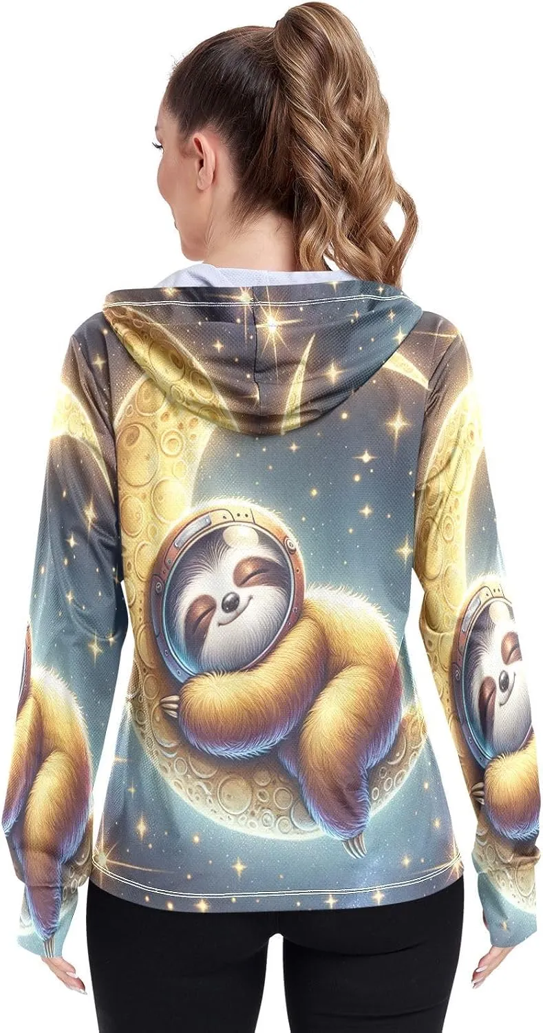 Moon Sleeping Sloth Sun Hoodie Women, Upf 50  Zip Workout Jacket, Cooling Shirt Women