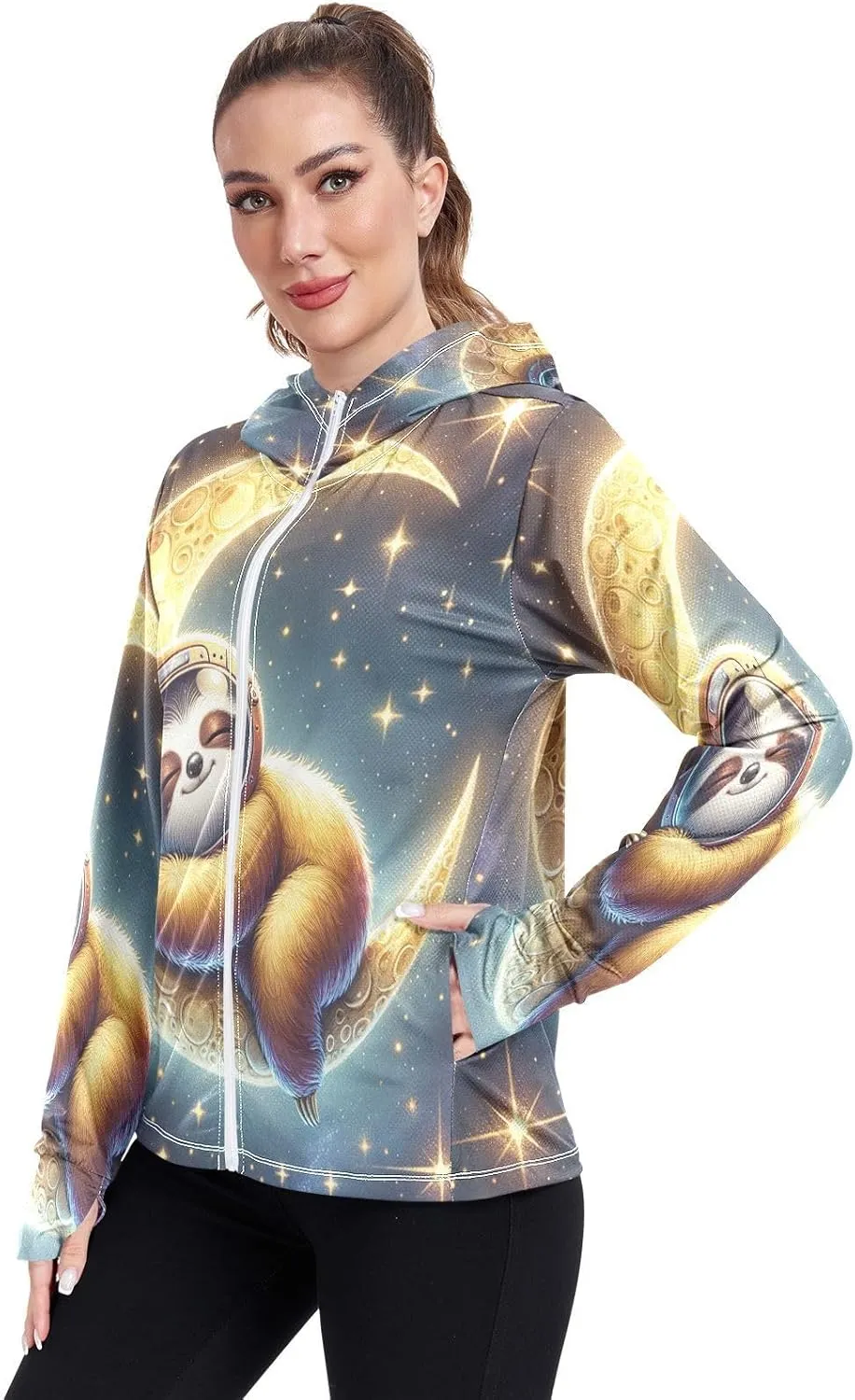 Moon Sleeping Sloth Sun Hoodie Women, Upf 50  Zip Workout Jacket, Cooling Shirt Women