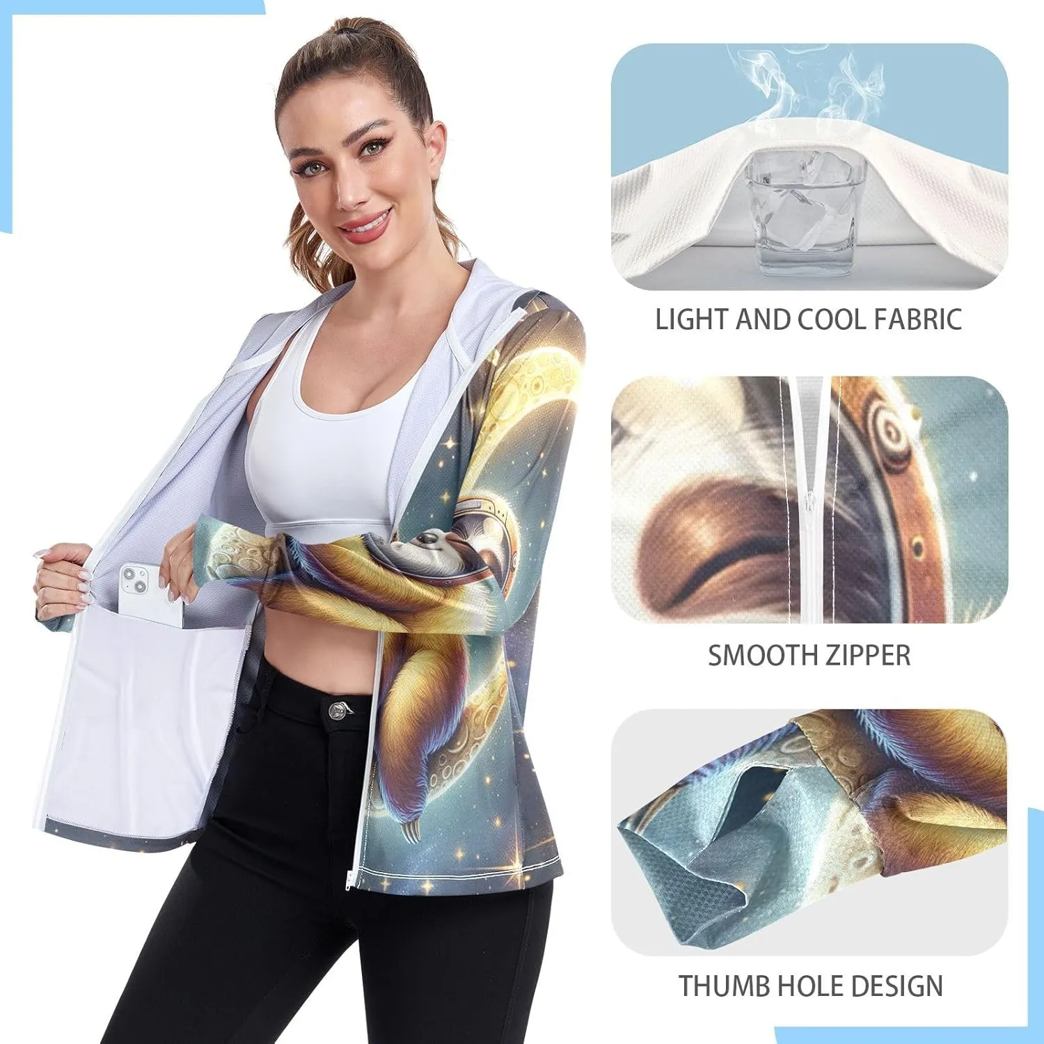 Moon Sleeping Sloth Sun Hoodie Women, Upf 50  Zip Workout Jacket, Cooling Shirt Women