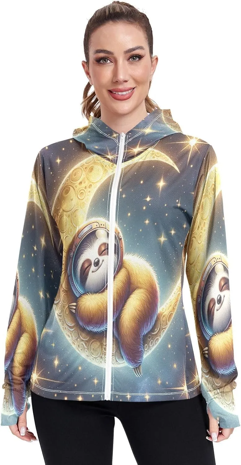 Moon Sleeping Sloth Sun Hoodie Women, Upf 50  Zip Workout Jacket, Cooling Shirt Women