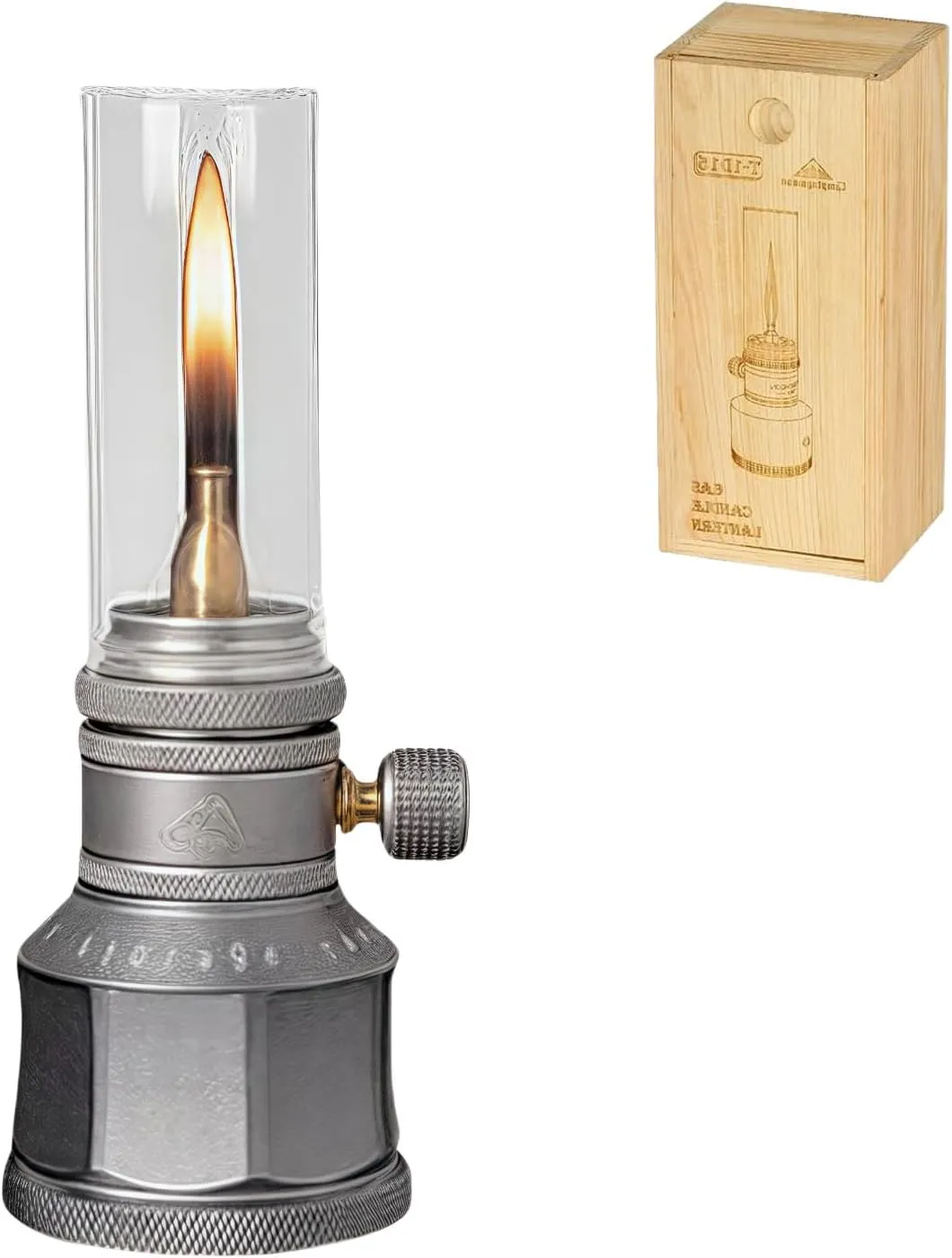 Mountain Peak Campsite Lamp, Retro Gas Candle Light with Wooden Lantern Case for Outdoor Camping Hiking Patio Picnic (B)