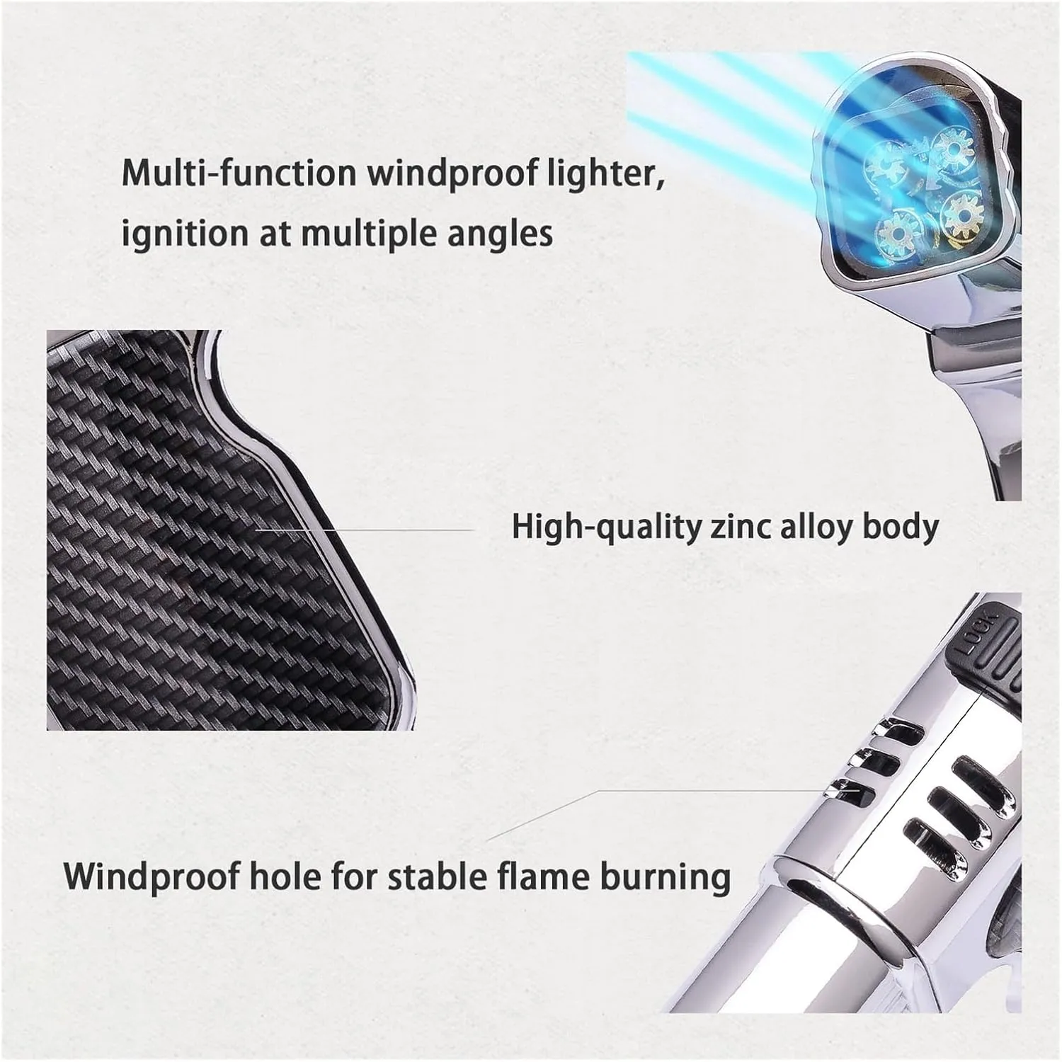 Multi-Function Windproof Quadruple Flame Portable Multi-Angle refillable Adjustable Torch Lighter, Outdoor Hiking Camping (Butane not Included)(Silver Black)