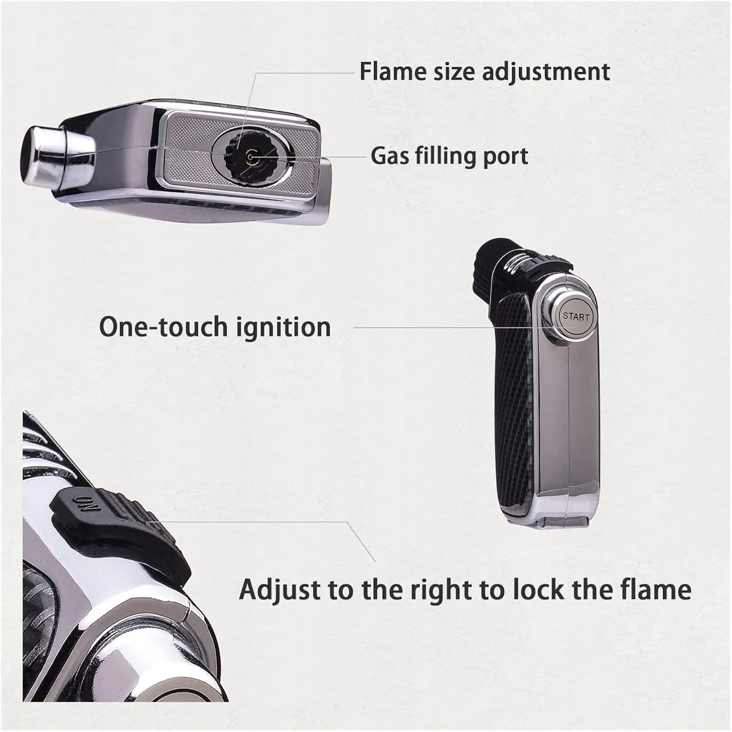 Multi-Function Windproof Quadruple Flame Portable Multi-Angle refillable Adjustable Torch Lighter, Outdoor Hiking Camping (Butane not Included)(Silver Black)