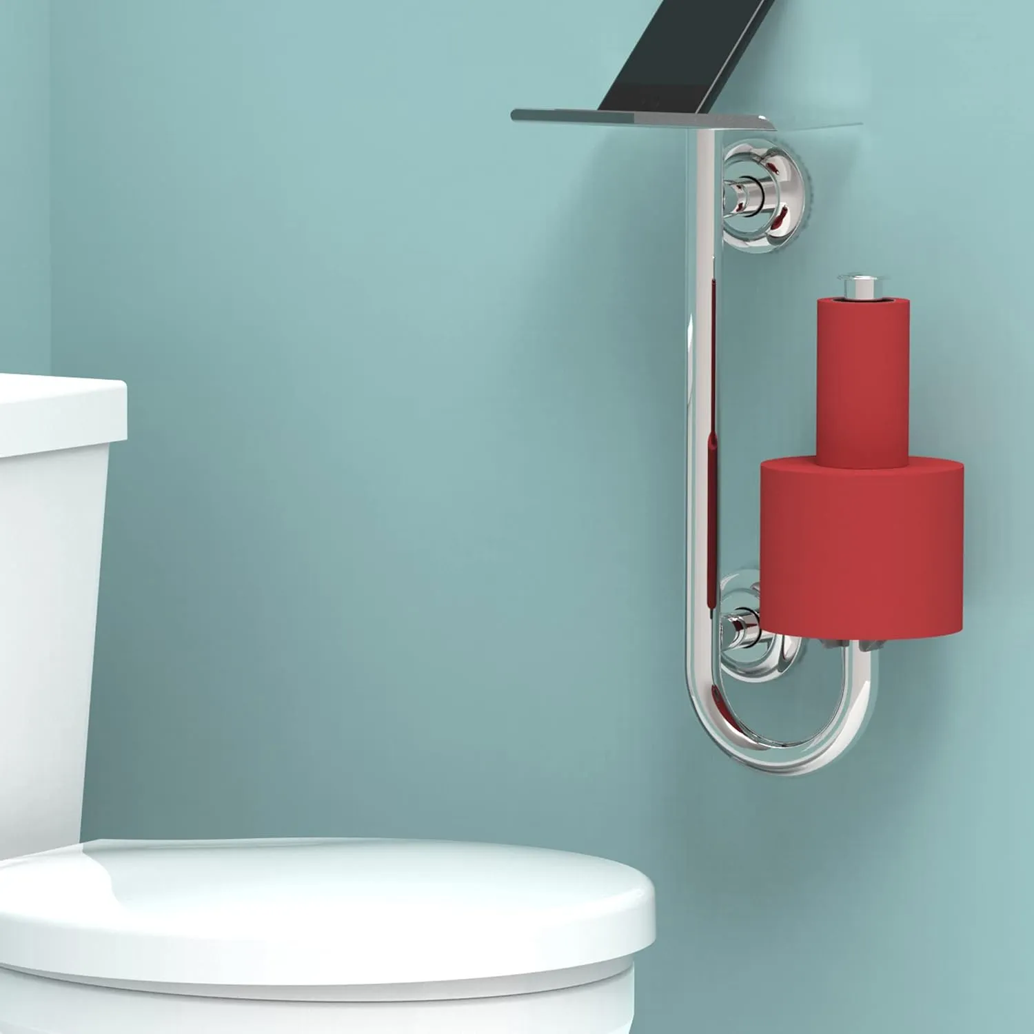Multi-Functional 3-in-1 Toilet Paper Holder with Heavy Duty Commode Safety Grab Bar and Phone Shelf for Wet Wipes, Napkins, Pad, Rustproof Stainless Steel, Chrome, Left-Hand