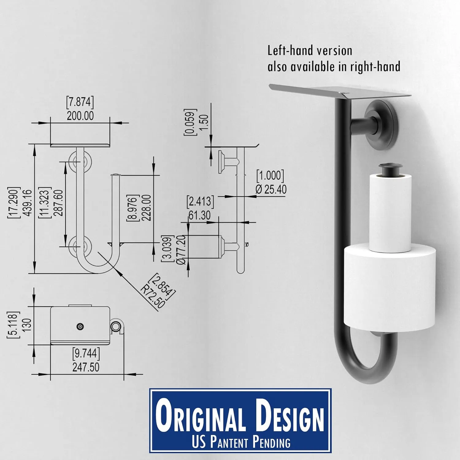 Multi-Functional 3-in-1 Toilet Paper Holder with Heavy Duty Commode Safety Grab Bar and Phone Shelf for Wet Wipes, Napkins, Pad, Rustproof Stainless Steel, Chrome, Left-Hand