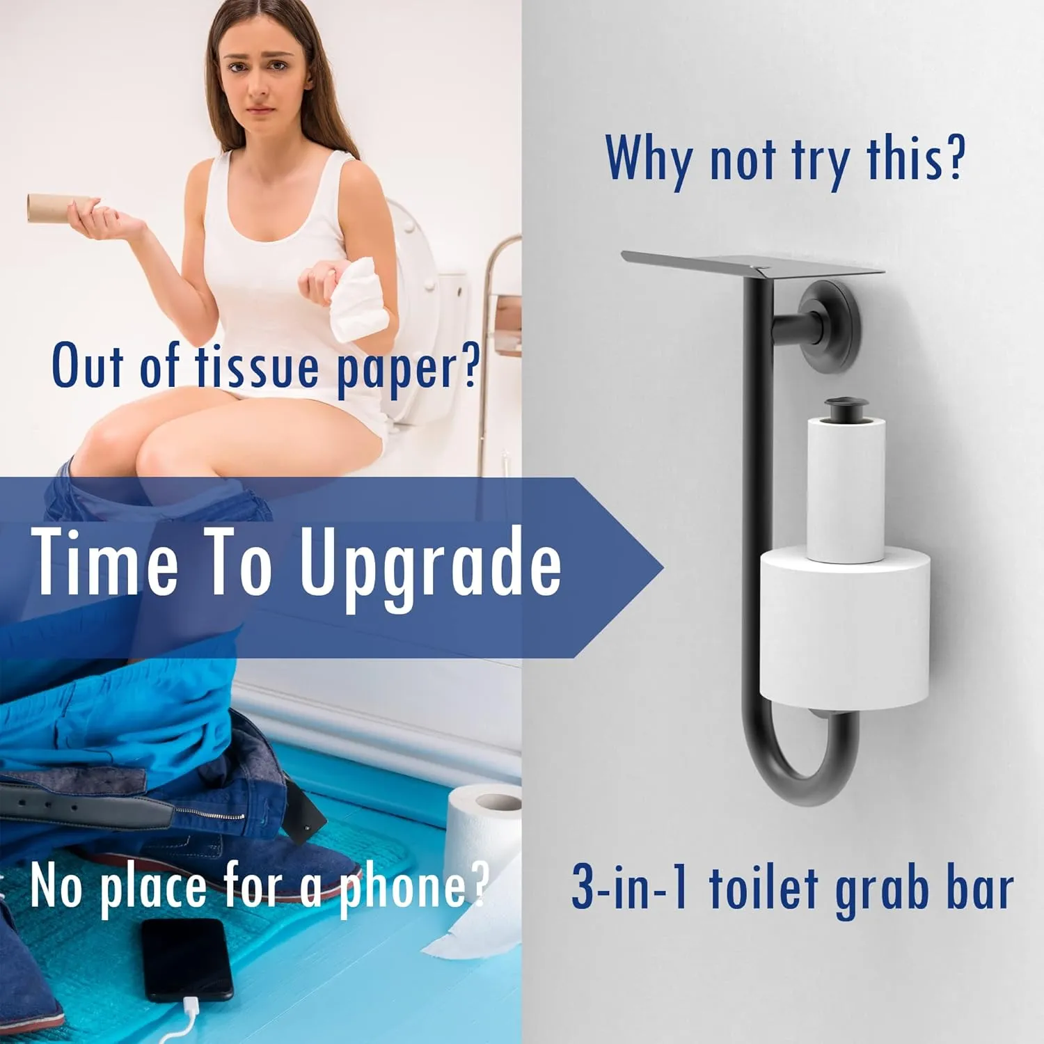 Multi-Functional 3-in-1 Toilet Paper Holder with Heavy Duty Commode Safety Grab Bar and Phone Shelf for Wet Wipes, Napkins, Pad, Rustproof Stainless Steel, Chrome, Left-Hand