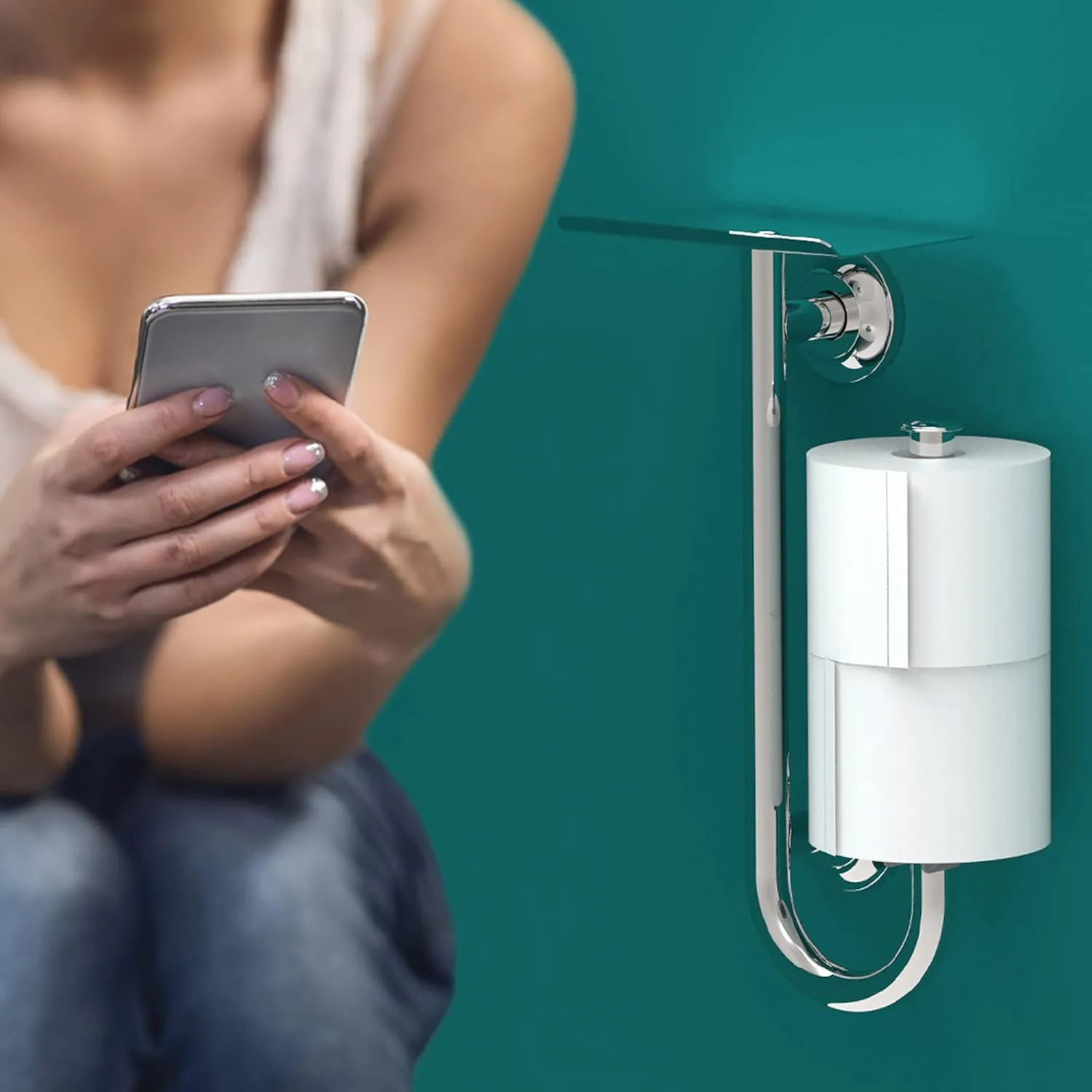 Multi-Functional 3-in-1 Toilet Paper Holder with Heavy Duty Commode Safety Grab Bar and Phone Shelf for Wet Wipes, Napkins, Pad, Rustproof Stainless Steel, Chrome, Left-Hand