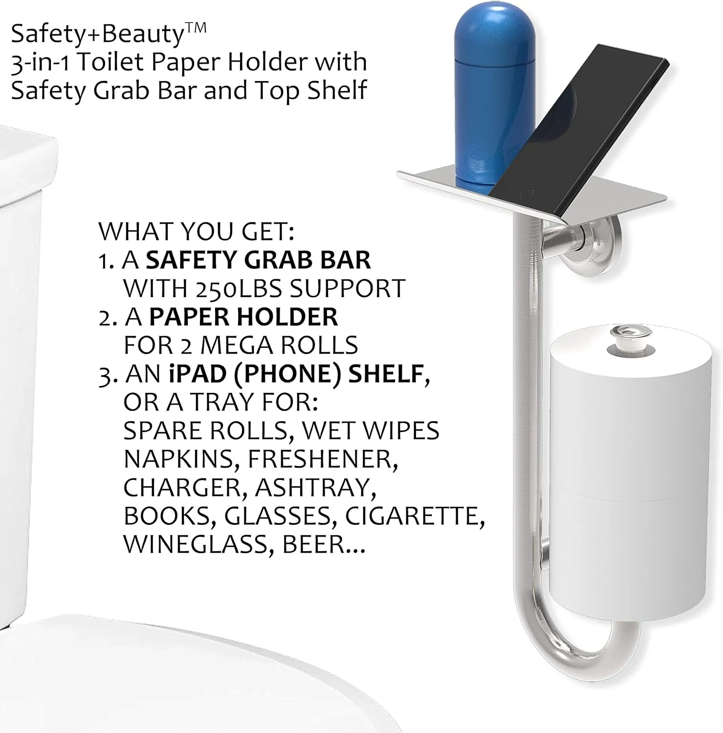 Multi-Functional 3-in-1 Toilet Paper Holder with Heavy Duty Commode Safety Grab Bar and Phone Shelf for Wet Wipes, Napkins, Pad, Rustproof Stainless Steel, Chrome, Left-Hand