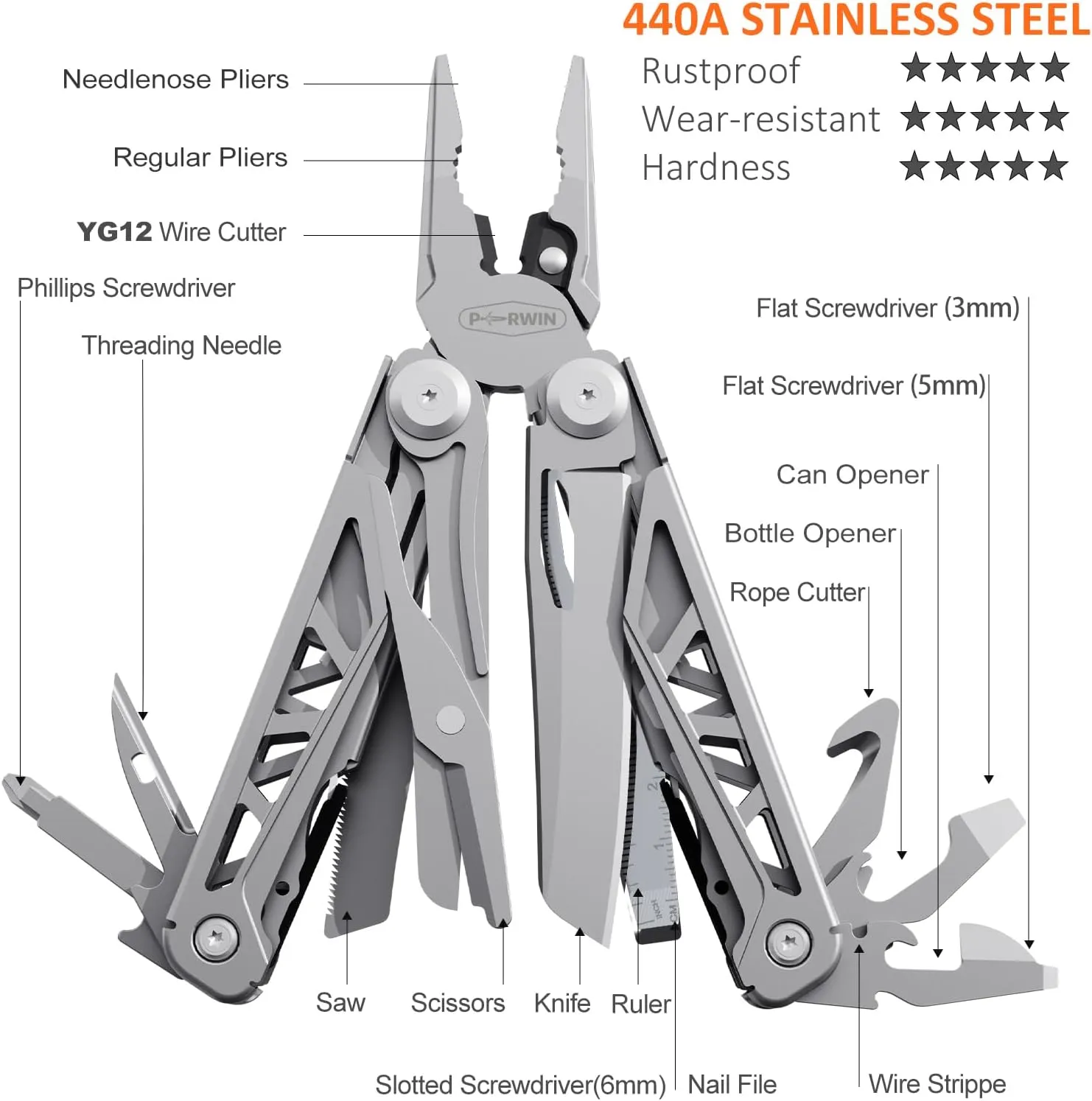 Multitool, 17-in-1 Stainless Steel Multi Tool Pliers with Self-Locking, Pocket Knife, Nylon Sheath, Professional (EDC) Multi-Tool for Survival, Camping and Hunting, Hiking, Simple Repair
