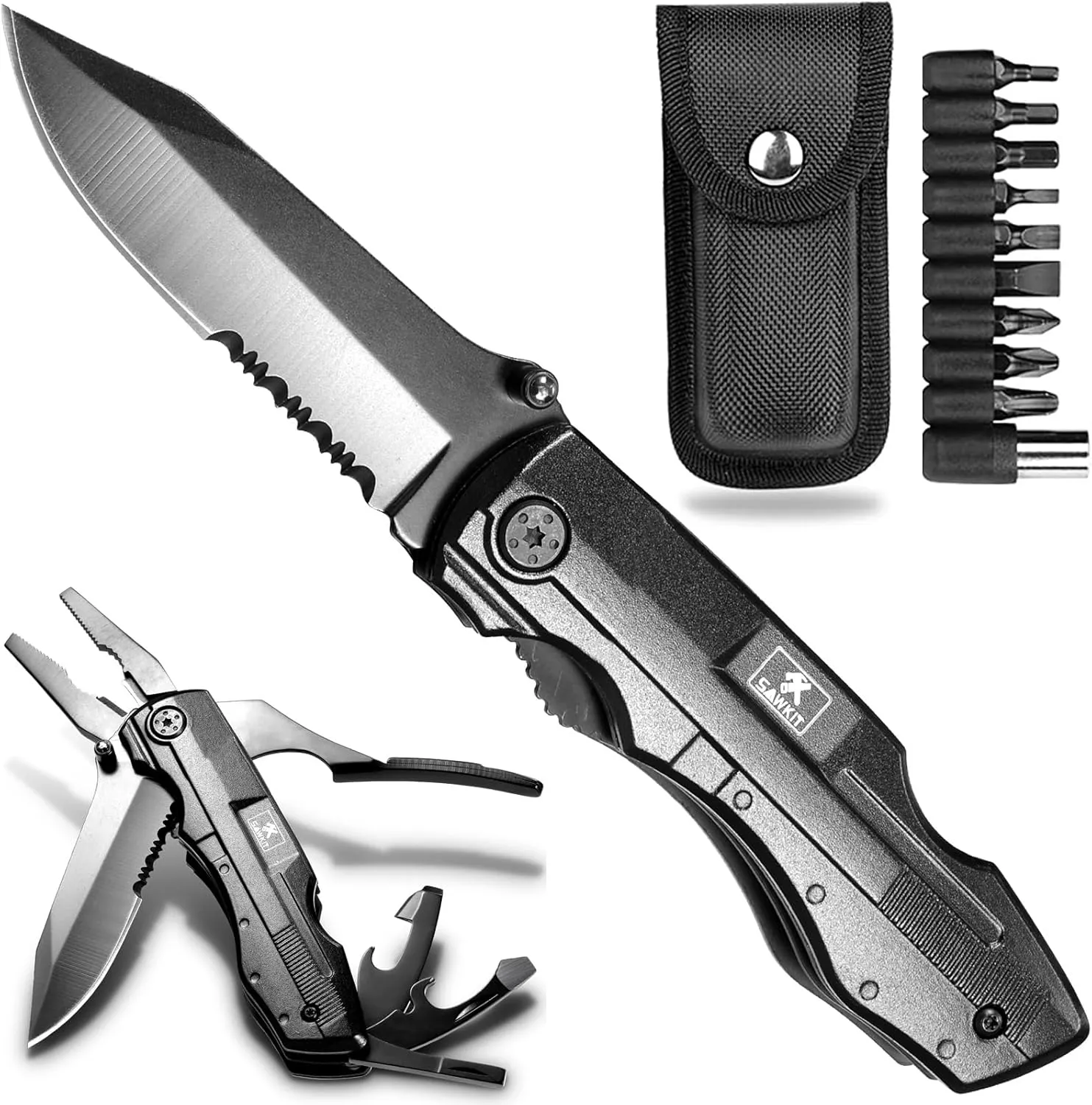 Multitool Pocket Pliers Folding Knife Stainless Steel Survival Camping Knife Bottle Opener Screwdrivers Liner Lock Durable Sheath Gifts for Men Perfect Multipurpose Folding Utility Plier SurvivalGear