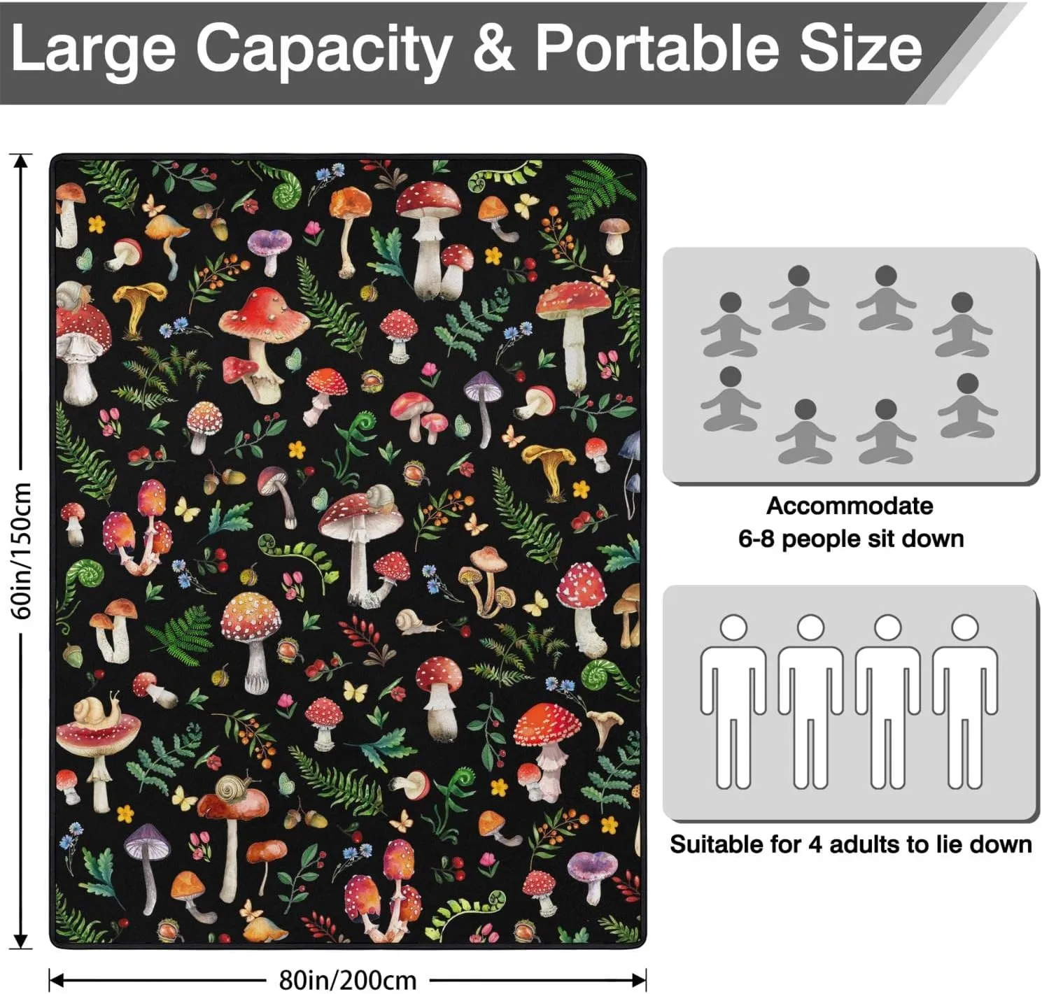 Mushroom Picnic Blankets Waterproof Foldable,60’‘x80'' Portable Dual Layers Outdoor Travel Camping Backpacking Hiking Beach Blanket Mat for Grass Padded Lawn Park Beach,Picnic Accessories