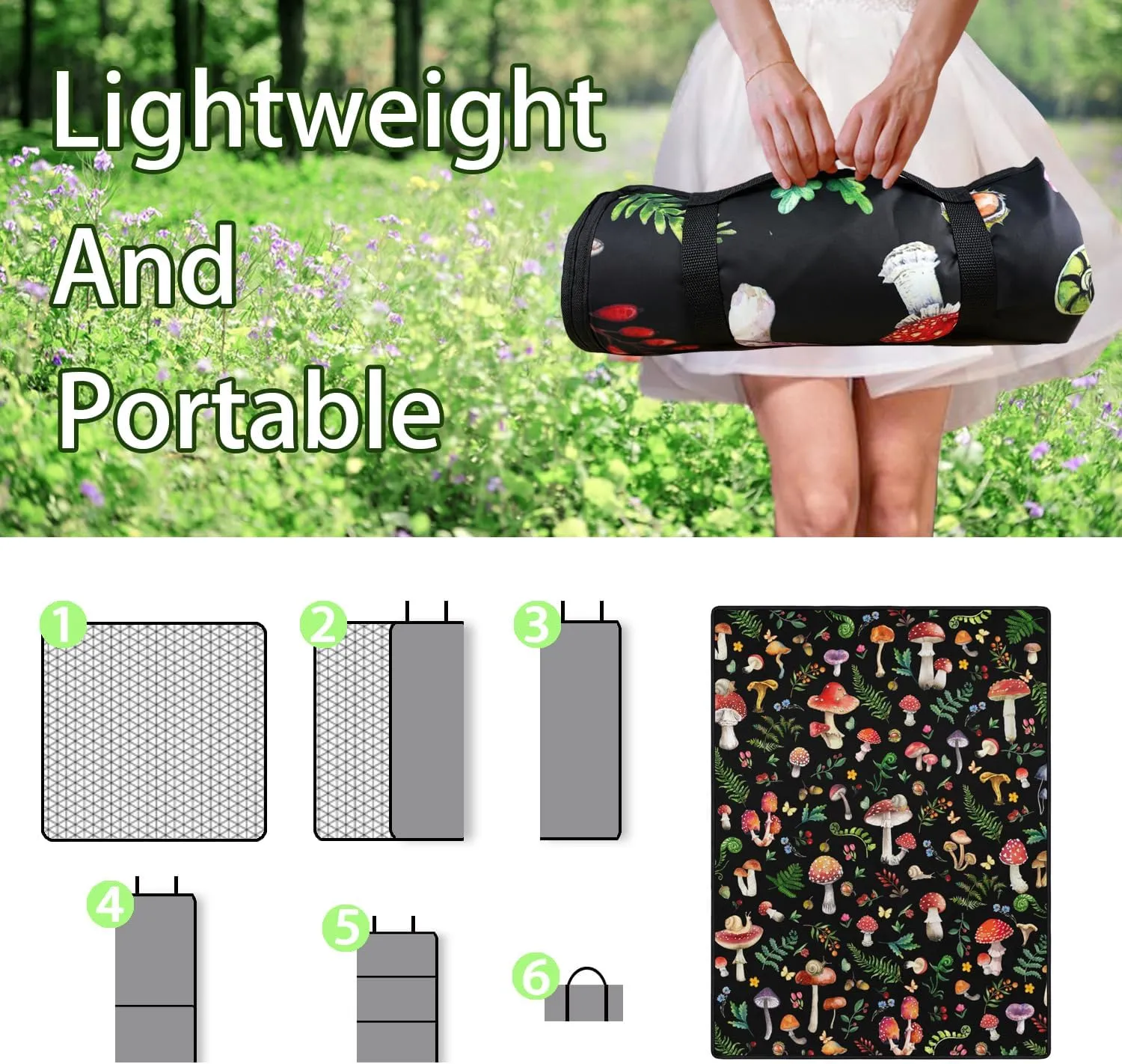 Mushroom Picnic Blankets Waterproof Foldable,60’‘x80'' Portable Dual Layers Outdoor Travel Camping Backpacking Hiking Beach Blanket Mat for Grass Padded Lawn Park Beach,Picnic Accessories