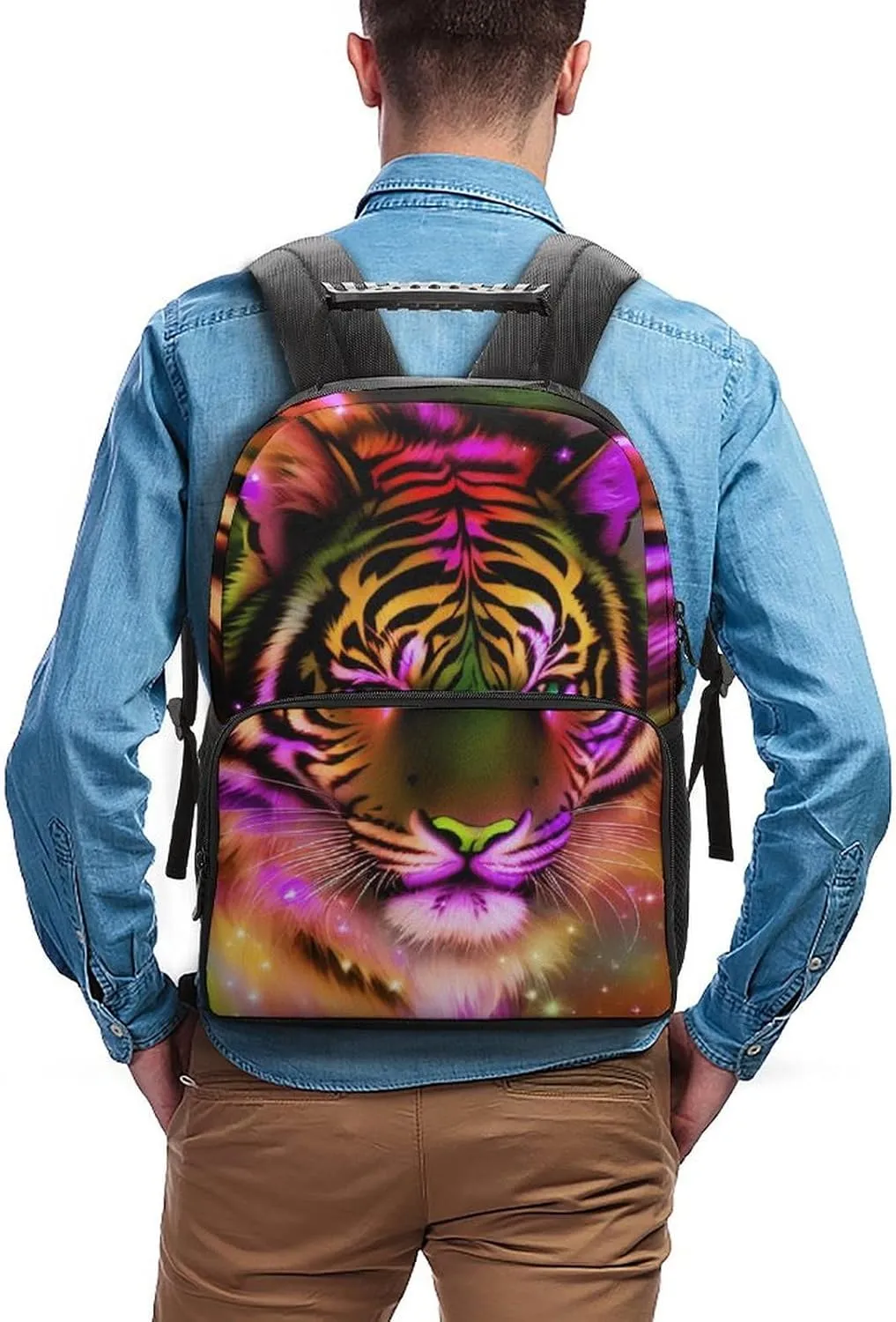 Mystic Fantasy Galaxy Sky Fantasy Tiger Wild Animals Boho Style Backpack Polyester Anti-Theft Multipurpose Bookbag Large Capacity Laptop Book Bag Rucksack With Side Pockets