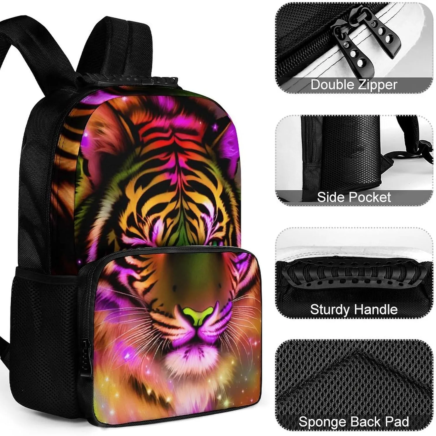 Mystic Fantasy Galaxy Sky Fantasy Tiger Wild Animals Boho Style Backpack Polyester Anti-Theft Multipurpose Bookbag Large Capacity Laptop Book Bag Rucksack With Side Pockets