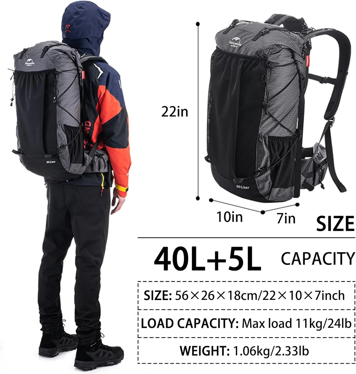 Naturehike 40L 5L Internal Frame Hiking backpacking backpack, Camping Waterproof Bag, Ultralight Outdoor Daypack with Rain Cover for Hiking, Backpacking, Rucking, Camping Survival