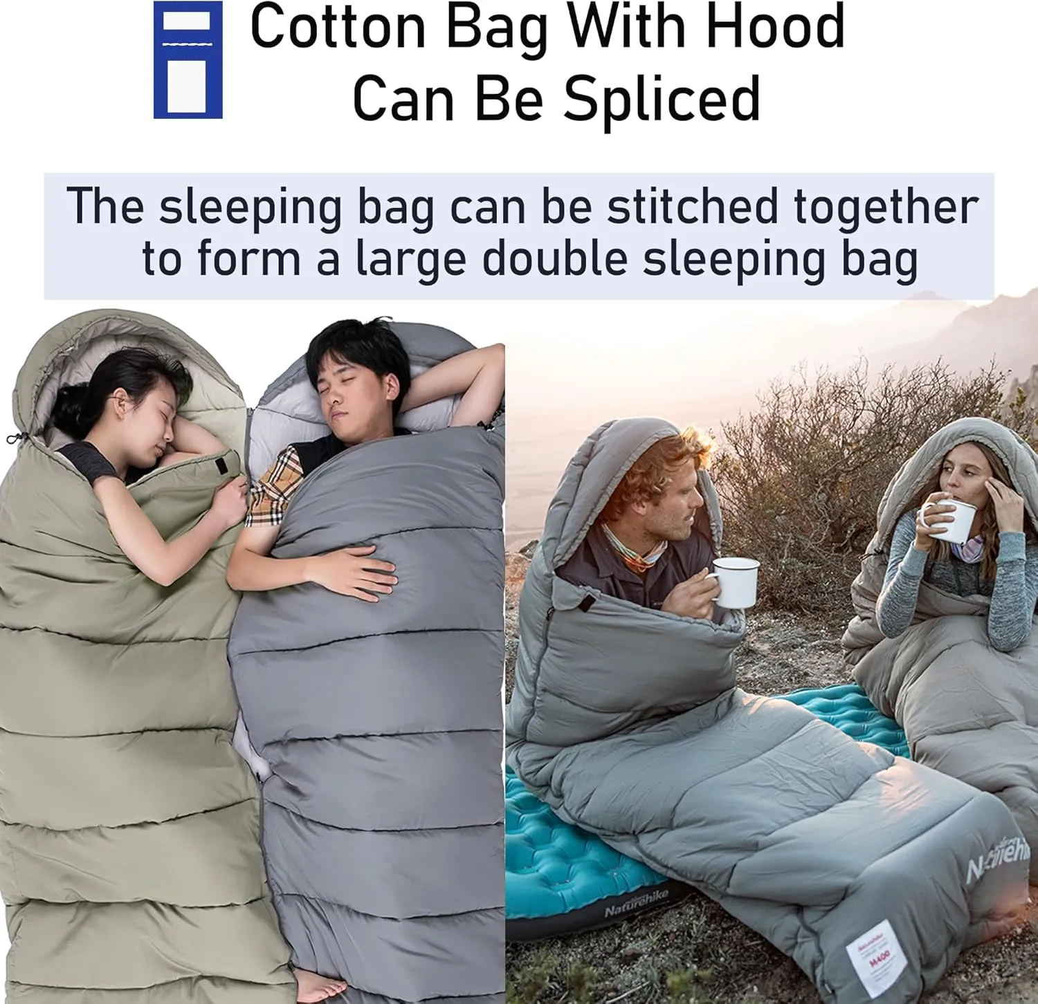 Naturehike Camping Cotton Sleeping Bag Spliceable Double Sleeping Bag for Adults,Fully Expandable,with Cotton Cap,Lightweight for Cold Weather Camping,Machine Washable