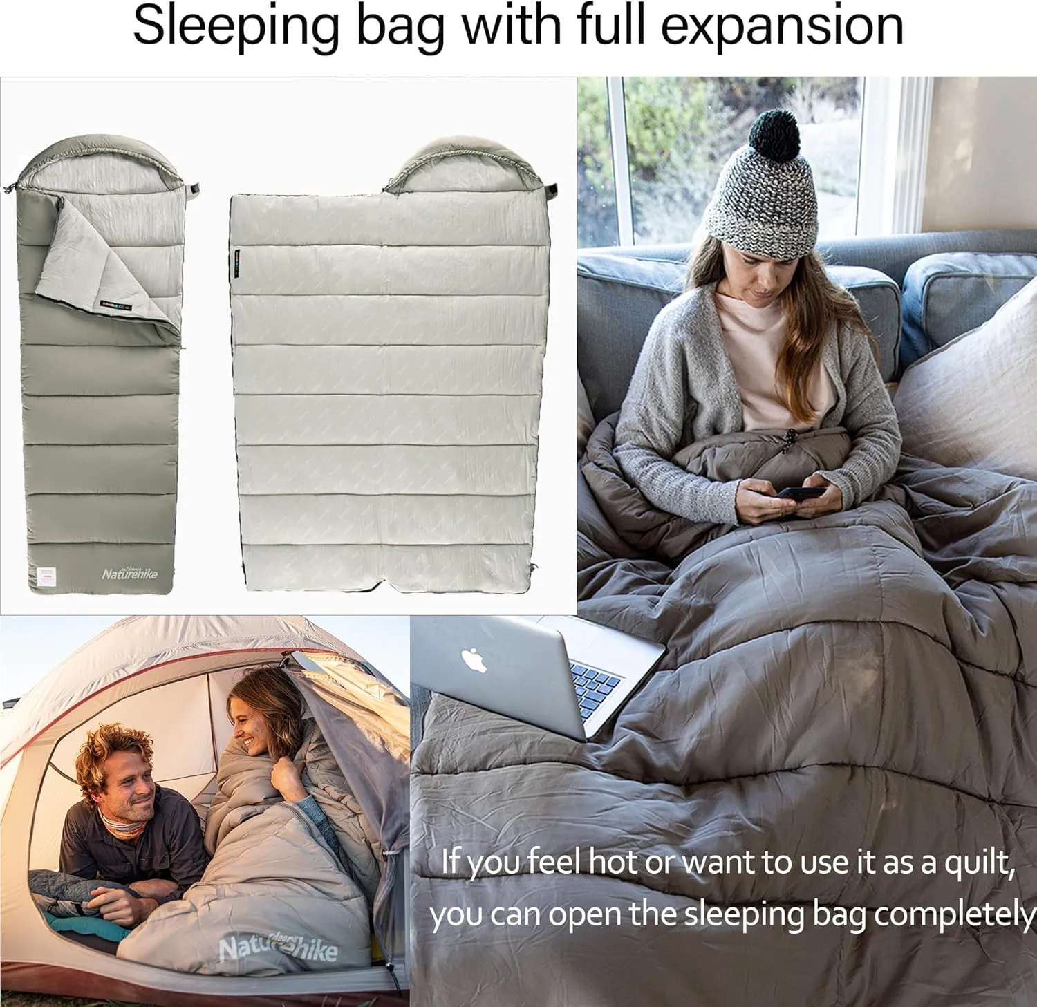 Naturehike Camping Cotton Sleeping Bag Spliceable Double Sleeping Bag for Adults,Fully Expandable,with Cotton Cap,Lightweight for Cold Weather Camping,Machine Washable