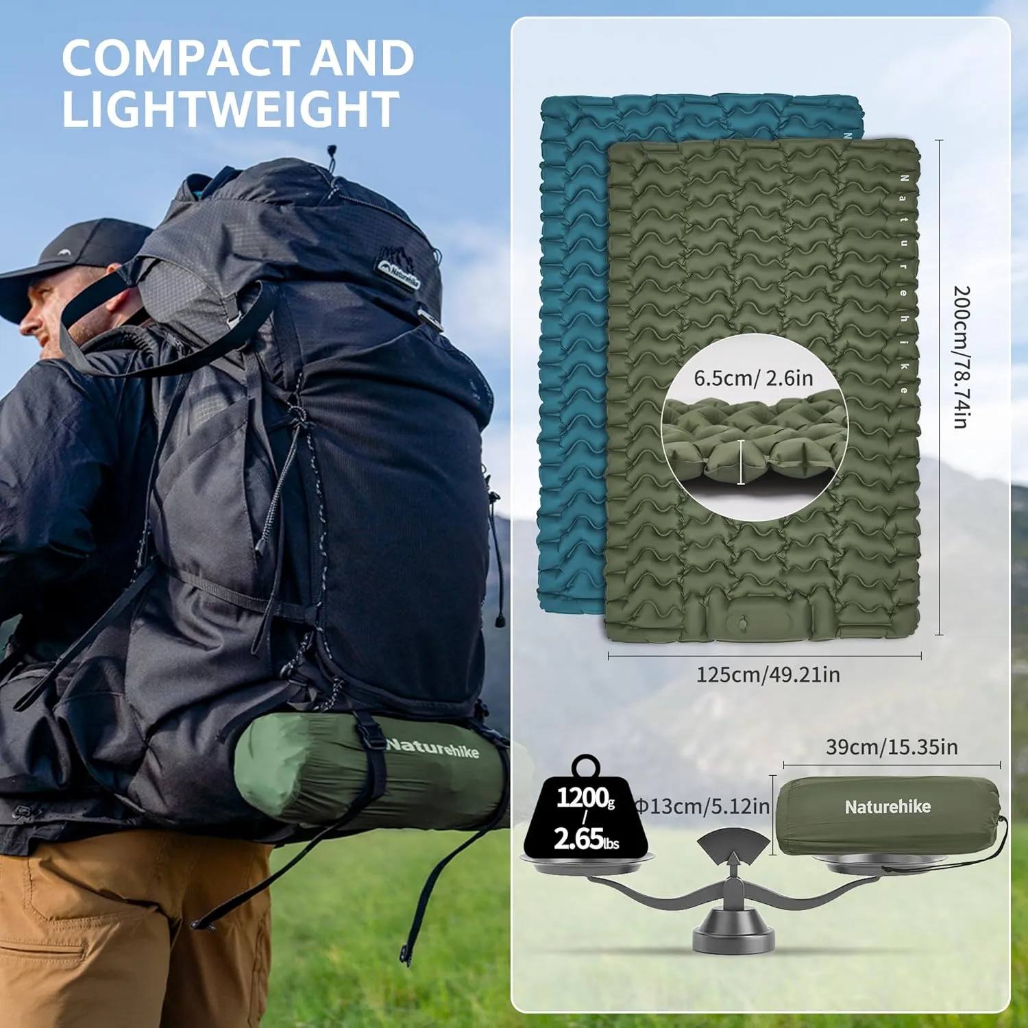 Naturehike Camping Sleeping Pad, Ultralight Camping Mat with Pillow Built-in Foot Pump