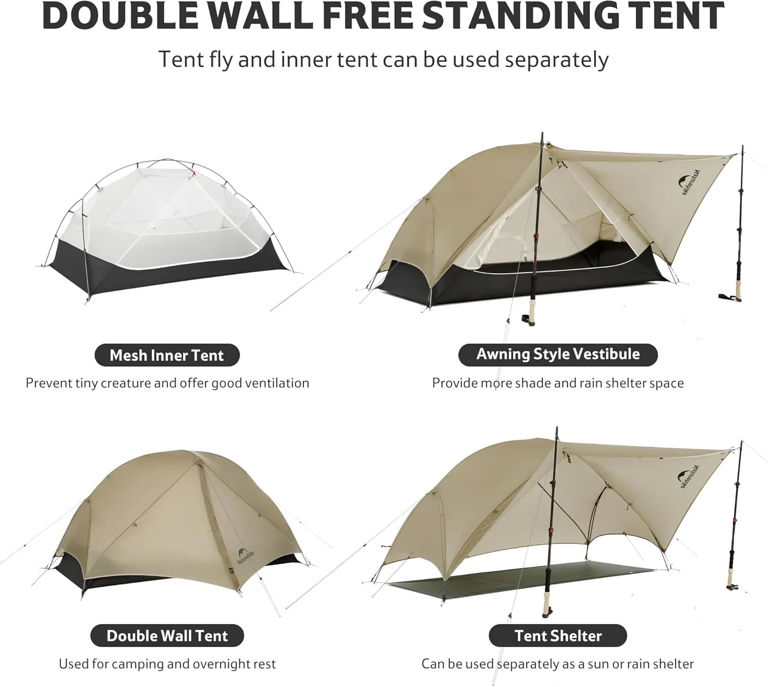 Naturehike Mongar UL 1/2Person Backpacking Tent,15D Nylon Waterproof Ultralight 1-2 Person Tent with Footprint