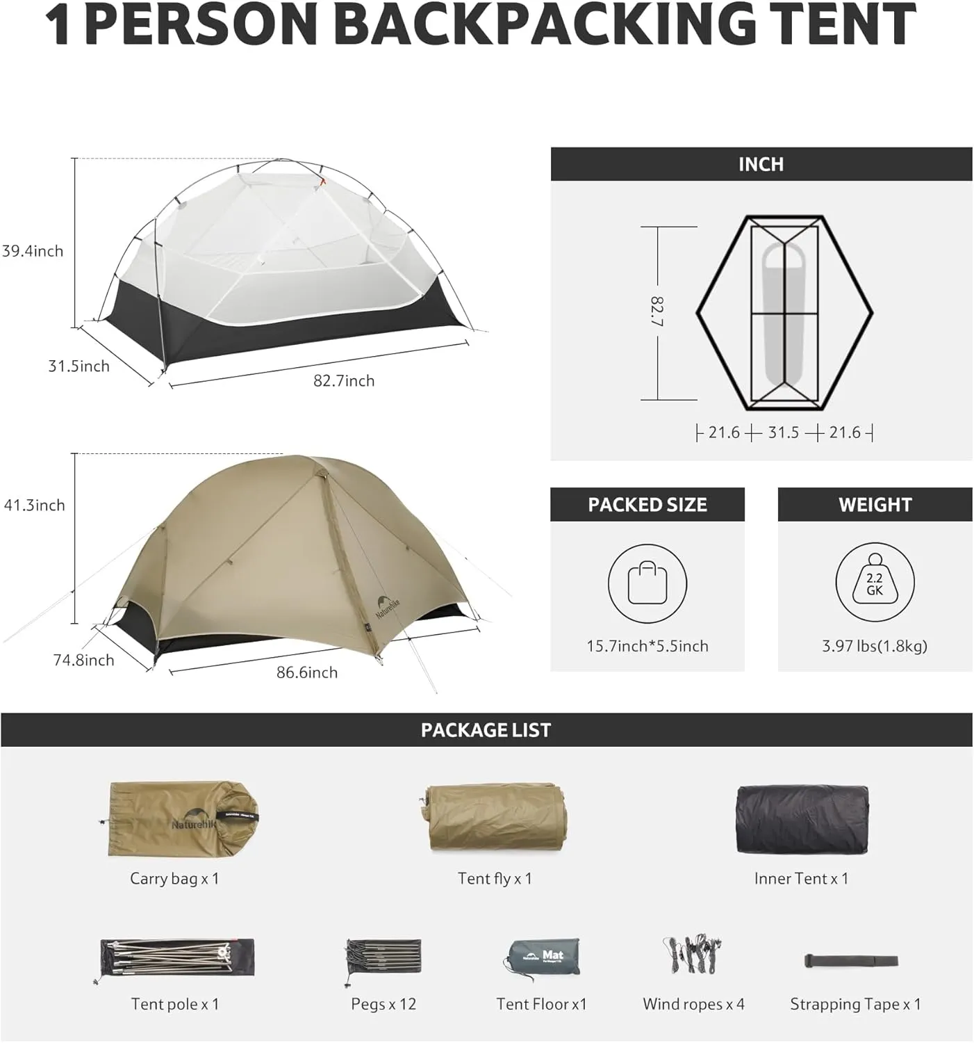 Naturehike Mongar UL 1/2Person Backpacking Tent,15D Nylon Waterproof Ultralight 1-2 Person Tent with Footprint
