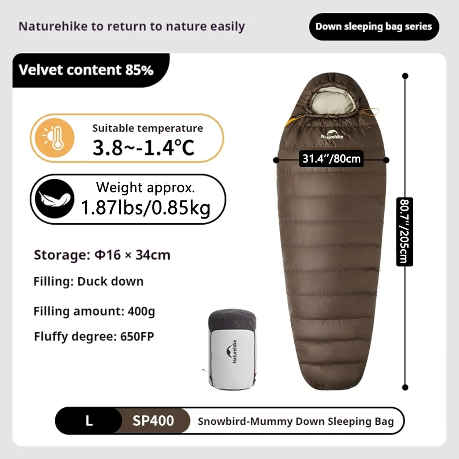 Naturehike Ultralight 650FP Duck Down Mummy Sleeping Bag-Suitable 38.8~-42.1℉, 20D Nylon Waterproof Sleeping Bag with Compact Compression Bag for Camping, Backpacking, Hiking