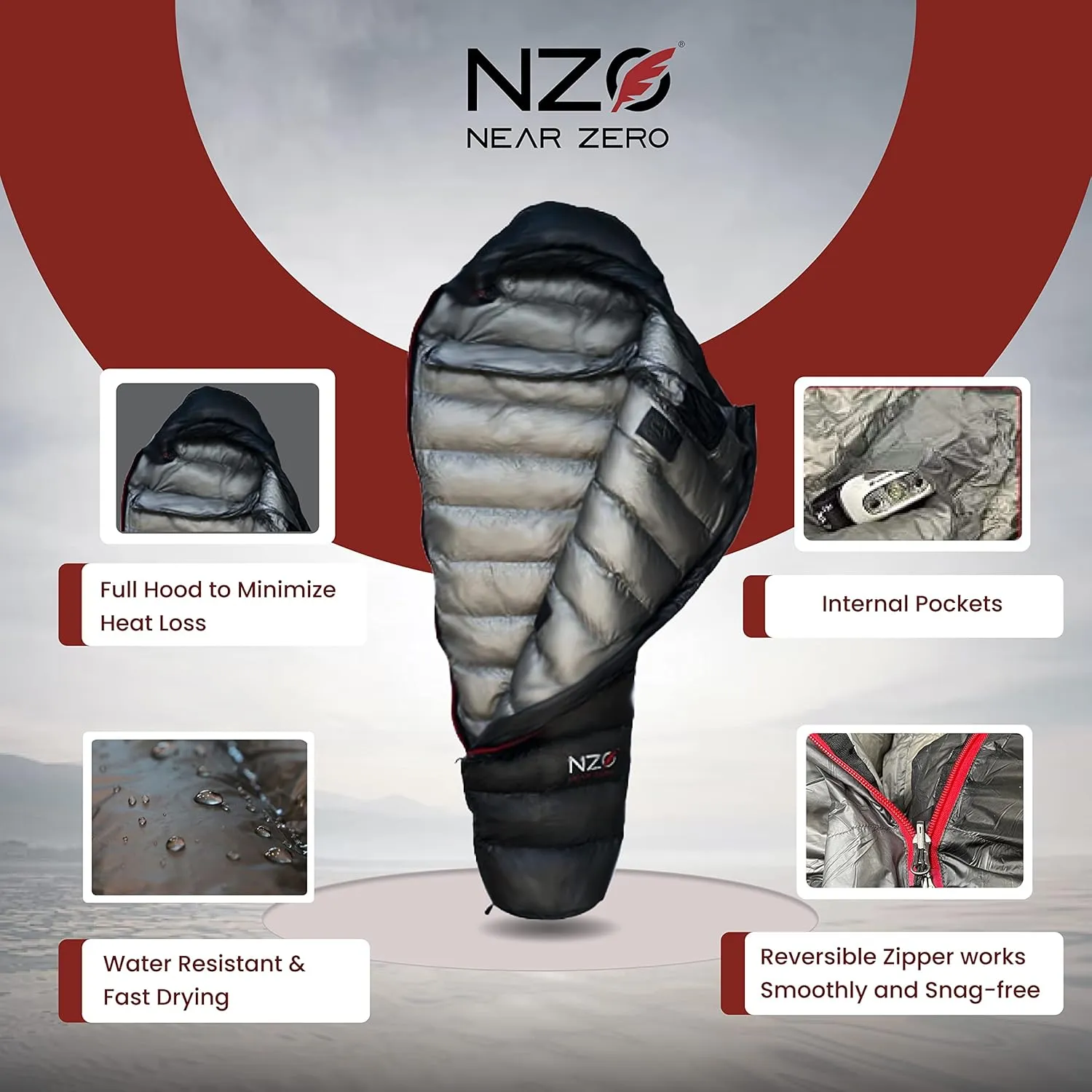 NEAR ZERO 18°F 850  Power Down Fill Mummy Sleeping Bag for Adults | Ultralight, All Season, Backpacking Sleeping Bag for Hiking & Camping | 10D 470T Nylon Taffeta