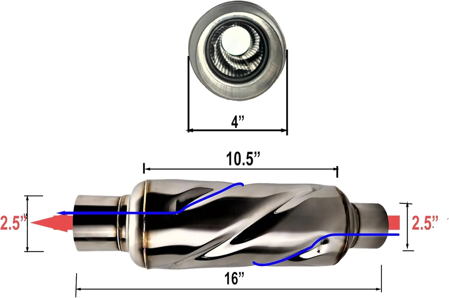NETAMI Turbo Exhaust Resonator Stainless Steel Polished Inlet/Outlet: 2.50", Body Diameter: 4", Overall Length: 16"