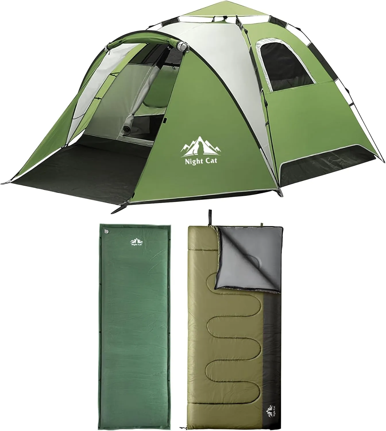 Night Cat Pop Up Tent with Self-Inflating Sleeping Pad and Sleeping Bag Automatic Double Layer Waterproof Camping Tent with Rainfly