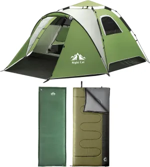 Night Cat Pop Up Tent with Self-Inflating Sleeping Pad and Sleeping Bag Automatic Double Layer Waterproof Camping Tent with Rainfly