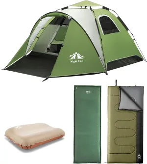 Night Cat Pop Up Tent with Self-Inflating Sleeping Pad Sleeping Pillow and Sleeping Bag Automatic Double Layer Waterproof Camping Tent with Rainfly