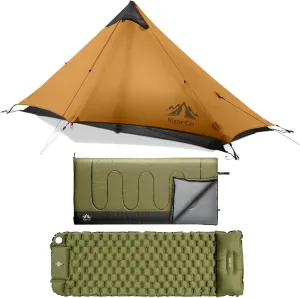 Night Cat Ultralight Tent 1 Person with Camping Sleeping Bag and Inflatable Sleeping Pads Mat Bed for Professional Backpacker Hiker