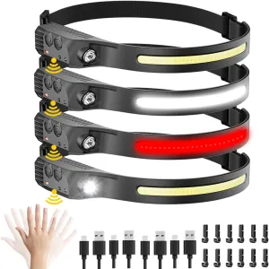 Night Vision Eye-Care Red Light, Rechargeable Headlamp 4PCS, Hard Hat Light for Adults, 230° COB Headlight for Forehead, LED Headband Flashlight for Working, Running, Camping Essentials Gear