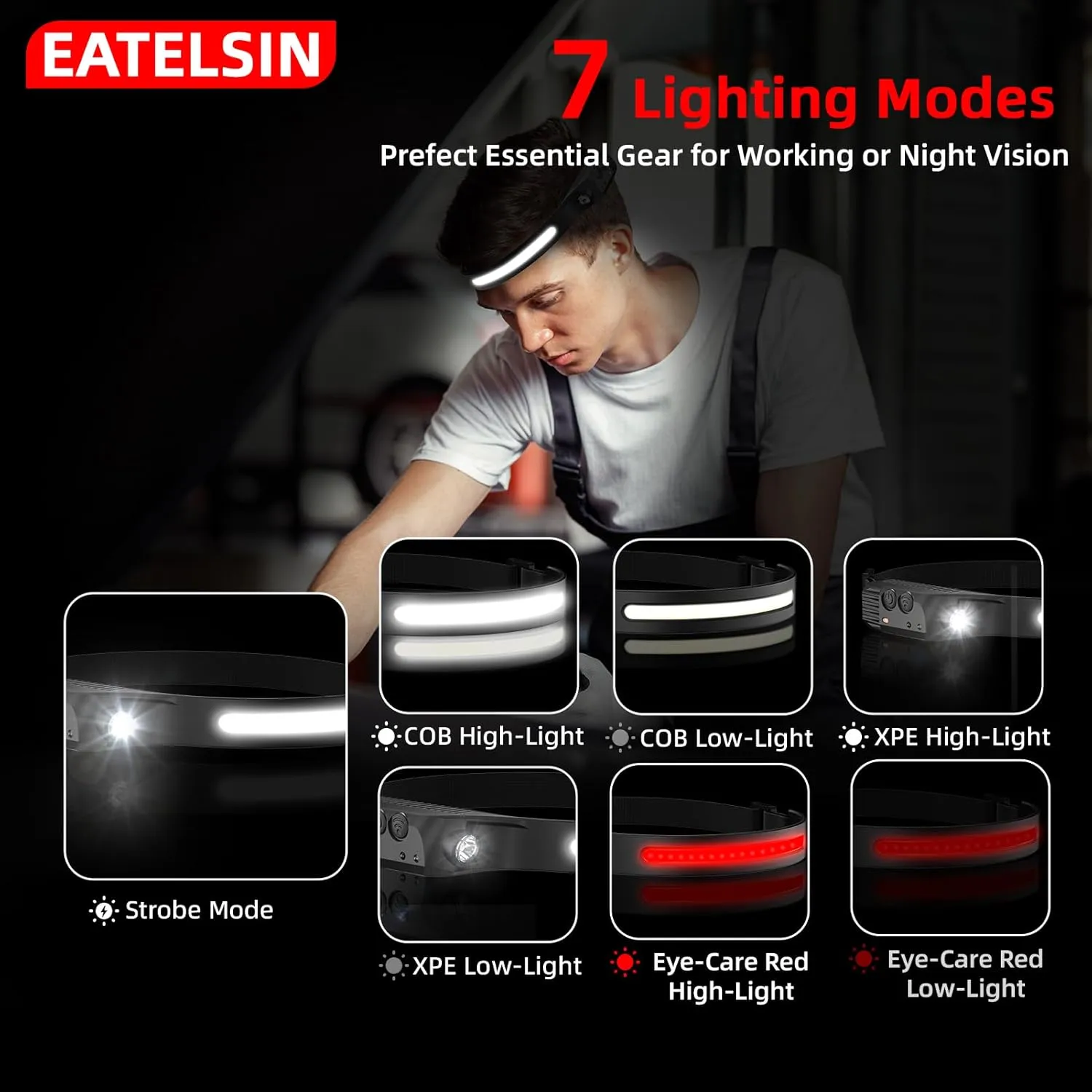 Night Vision Eye-Care Red Light, Rechargeable Headlamp 4PCS, Hard Hat Light for Adults, 230° COB Headlight for Forehead, LED Headband Flashlight for Working, Running, Camping Essentials Gear