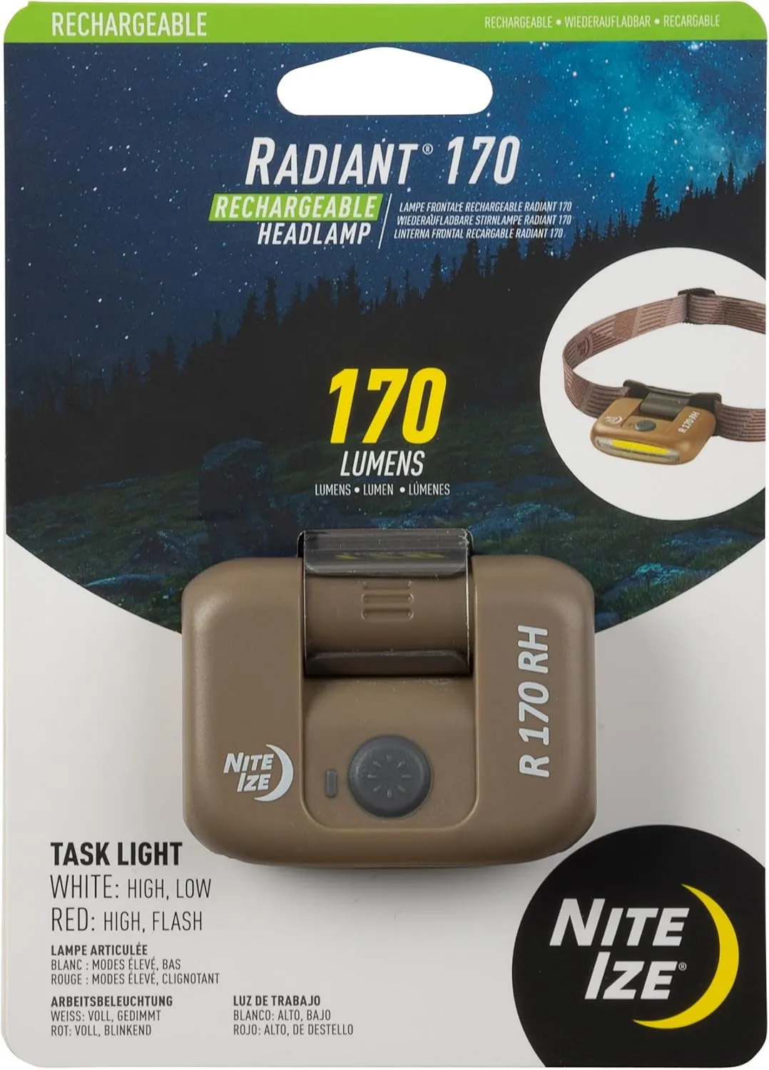 Nite Ize Radiant 170 Rechargeable Headlamp - Durable Headlamp with Rechargeable 170 Lumen Light - Great for Camping, Hiking & at-Home Projects - Coyote