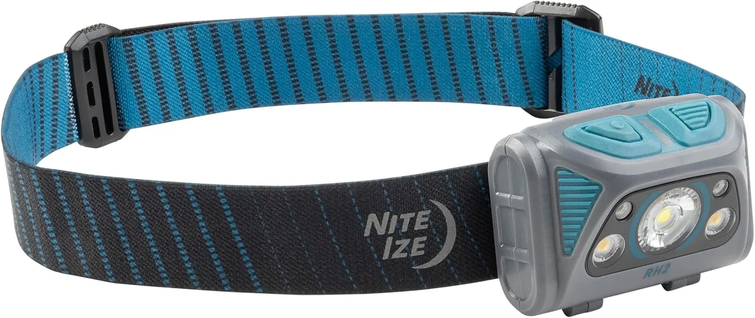 Nite Ize Radiant RH2 PowerSwitch Rechargeable Headlamp - Headlamp for Camping & Hiking - Rechargeable Battery - Hands-Free Light with 7 Modes Plus Lockout - Waterproof & Impact-Resistant - Blue/Grey