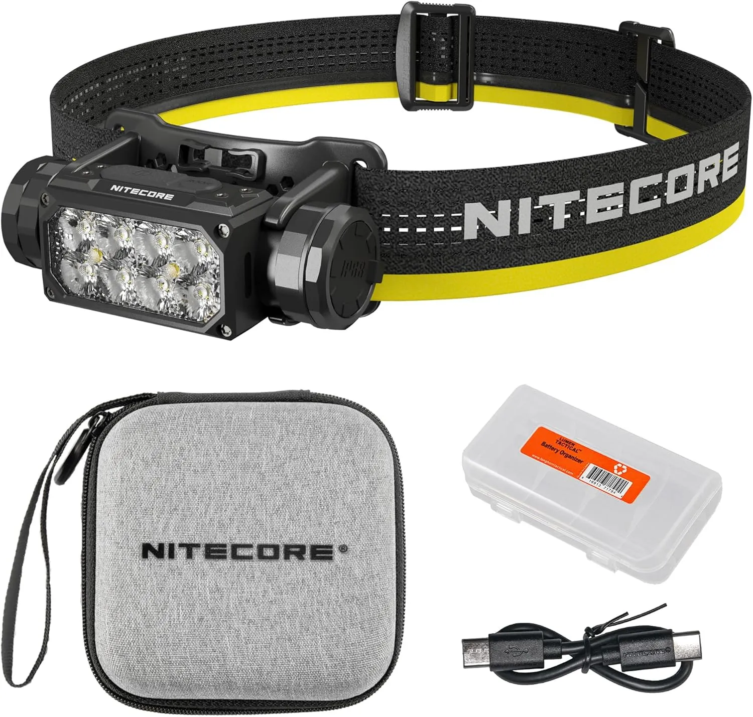 Nitecore HC65 UHE Headlamp, 2000 Lumen Heavy Duty Metal, USB-C Rechargeable with White, Red, and Reading Lights for Camping, Hiking, Hunting, and Industrial Works with LumenTac Organizer (Black)