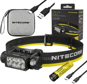 Nitecore HC65 UHE - USB-C to USCB-C Cable HC65 UHE Ultra High Triple Output Metal Headlamp - 2,000 Lumens w/Storage Case, Battery, and Extra USB C to USB C Braided Fast Charging Cable Incl
