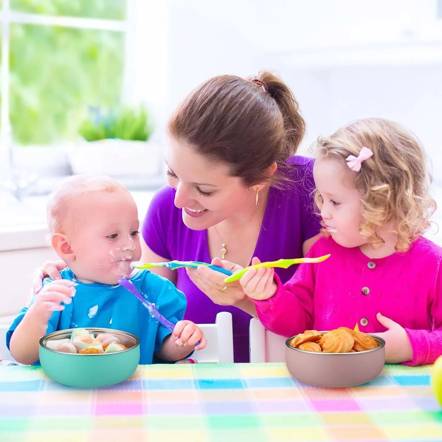 Nuogo 2 Pcs 304 Stainless Steel Baby Bowls with Removable Silicone Shell Toddler Bowls Kids Anti Scald Snack Container for Food Feeding, Dishwasher Safe (Pink,Green)