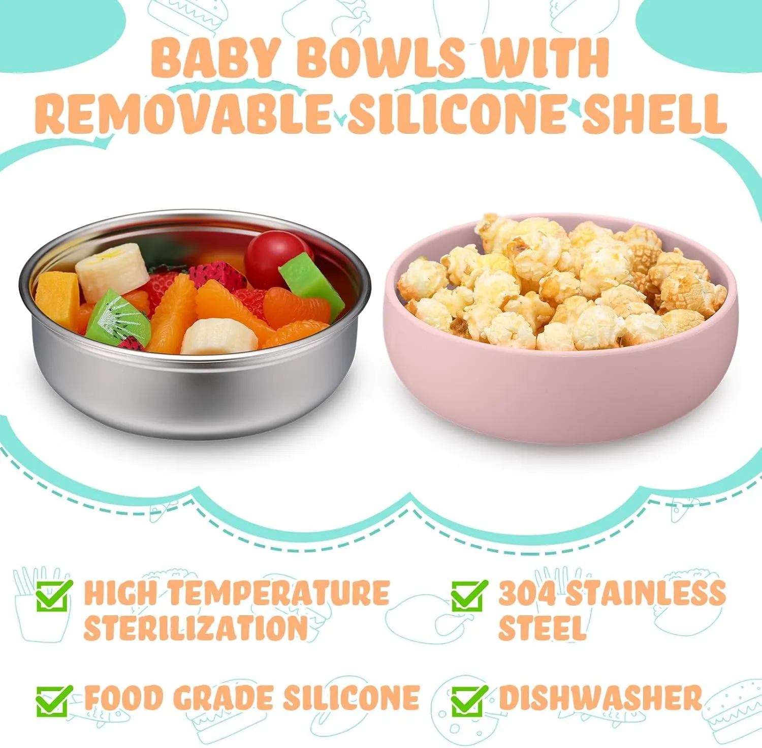 Nuogo 2 Pcs 304 Stainless Steel Baby Bowls with Removable Silicone Shell Toddler Bowls Kids Anti Scald Snack Container for Food Feeding, Dishwasher Safe (Pink,Green)