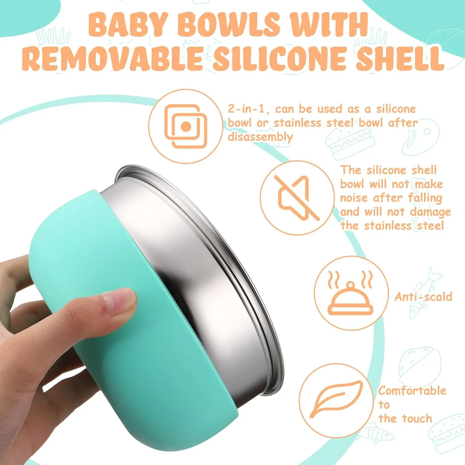 Nuogo 2 Pcs 304 Stainless Steel Baby Bowls with Removable Silicone Shell Toddler Bowls Kids Anti Scald Snack Container for Food Feeding, Dishwasher Safe (Pink,Green)