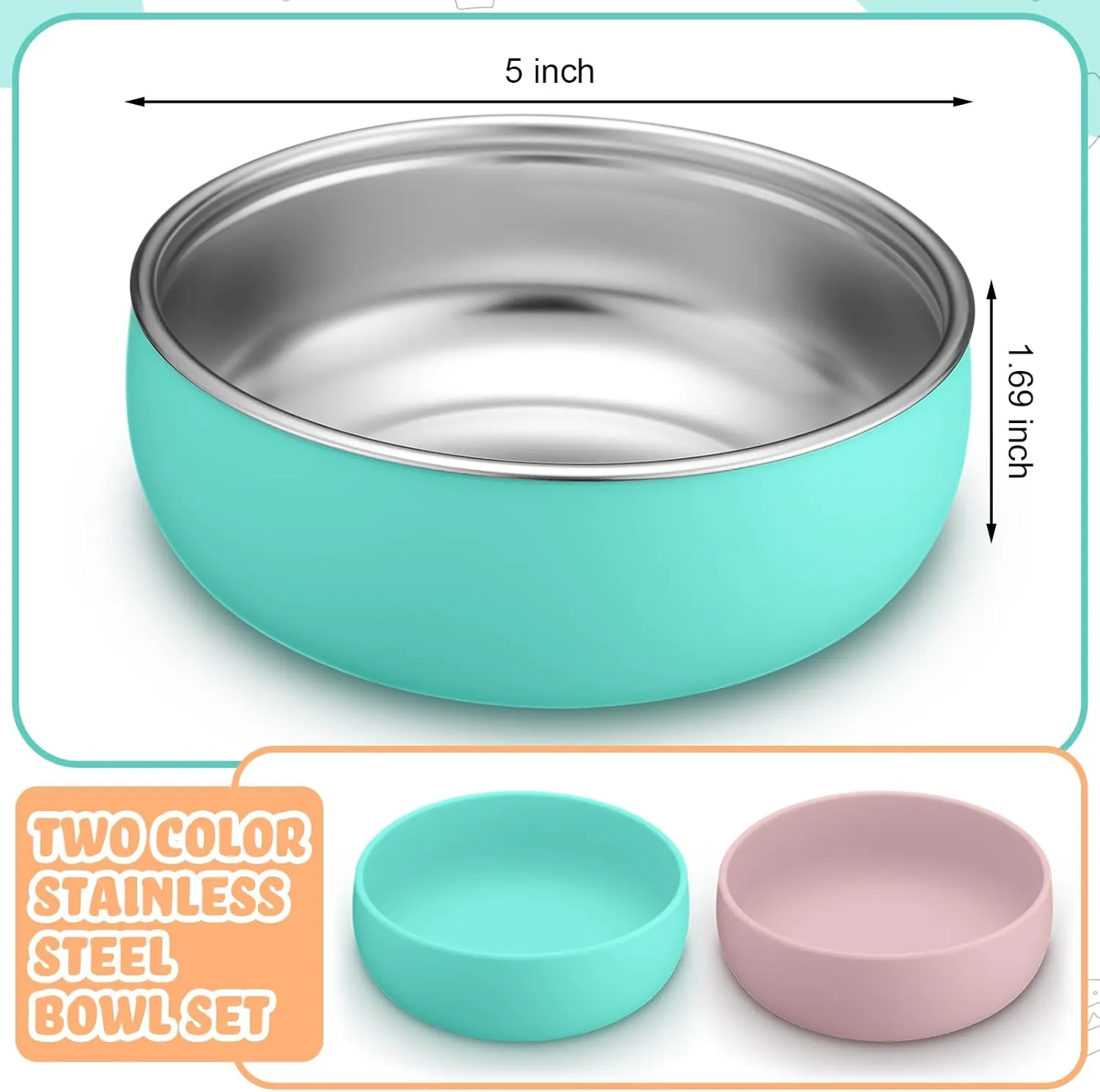 Nuogo 2 Pcs 304 Stainless Steel Baby Bowls with Removable Silicone Shell Toddler Bowls Kids Anti Scald Snack Container for Food Feeding, Dishwasher Safe (Pink,Green)