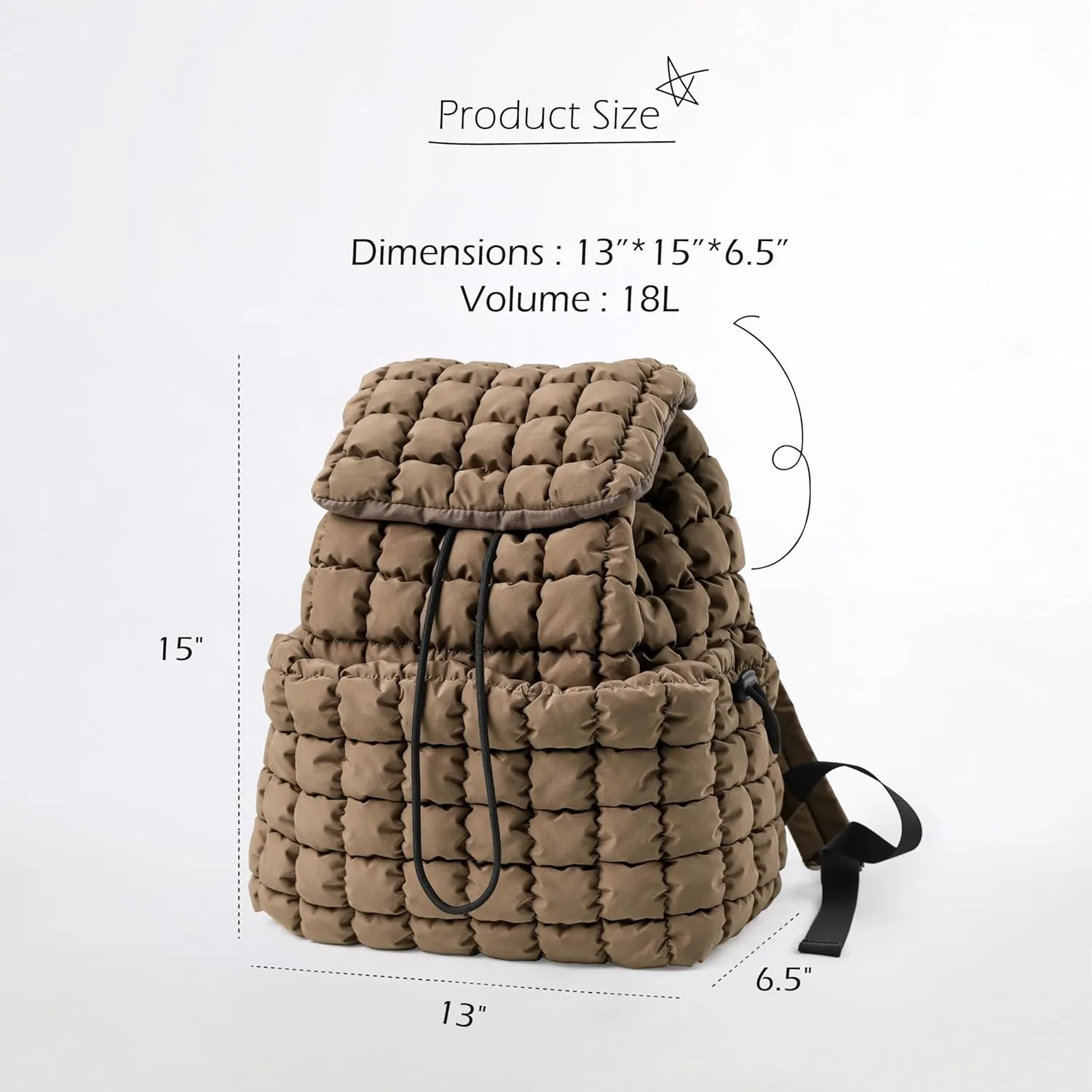 ODODOS Quilted Backpack for Women Lightweight Puffer Hiker Pack Drawstring Padding Travel Gym Bag, Khaki Brown