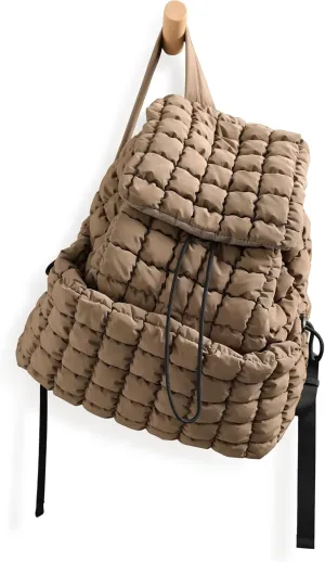 ODODOS Quilted Backpack for Women Lightweight Puffer Hiker Pack Drawstring Padding Travel Gym Bag, Khaki Brown