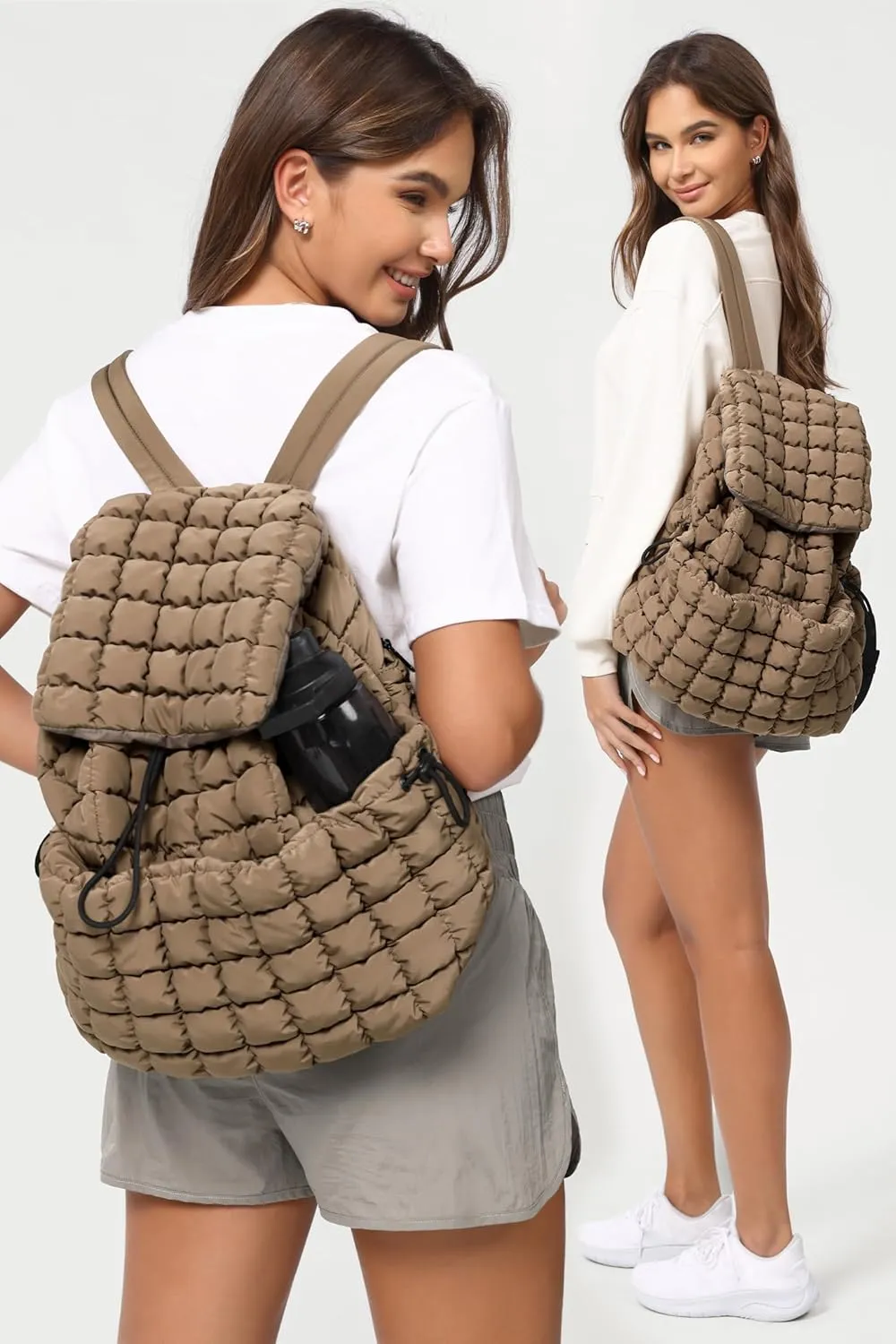 ODODOS Quilted Backpack for Women Lightweight Puffer Hiker Pack Drawstring Padding Travel Gym Bag, Khaki Brown