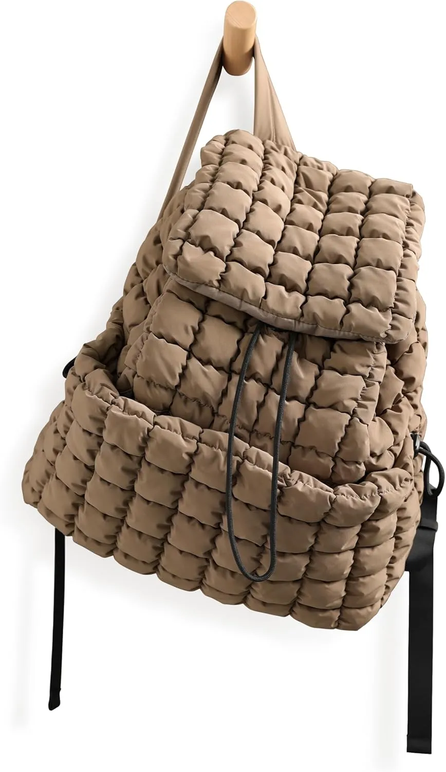 ODODOS Quilted Backpack for Women Lightweight Puffer Hiker Pack Drawstring Padding Travel Gym Bag, Khaki Brown