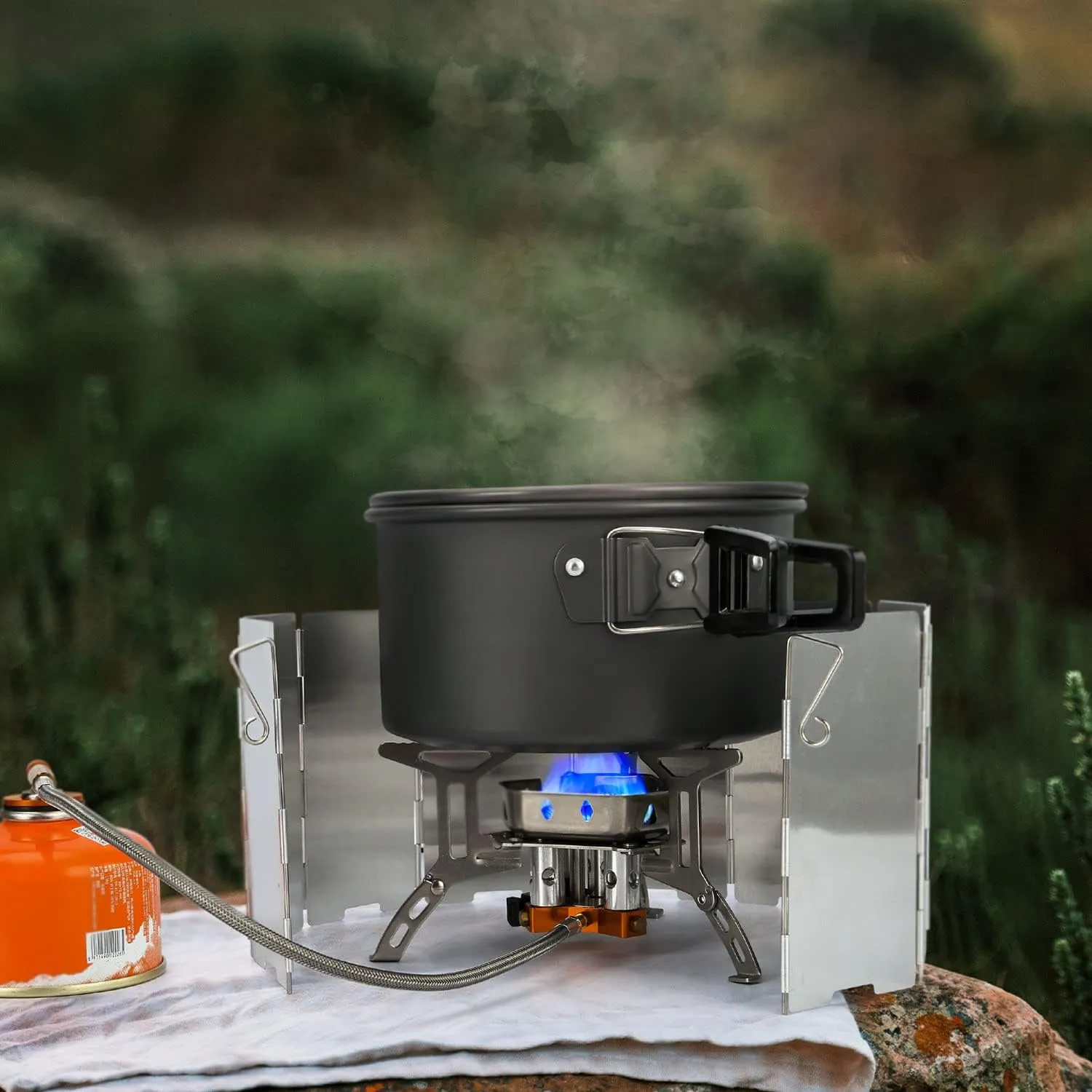 Odoland 3500W/6800W Windproof Camp Stove Camping Gas Stove with Fuel Canister Adapter, Piezo Ignition, Carry Case, Portable Collapsible Stove Burner for Outdoor Backpacking Hiking and Picnic