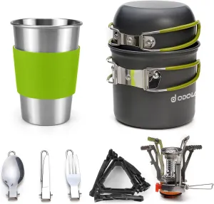 Odoland Camping Cookware Stove Carabiner Canister Stand Tripod and Stainless Steel Cup, Tank Bracket, Fork Spoon Kit for Backpacking, Outdoor Camping Hiking and Picnic