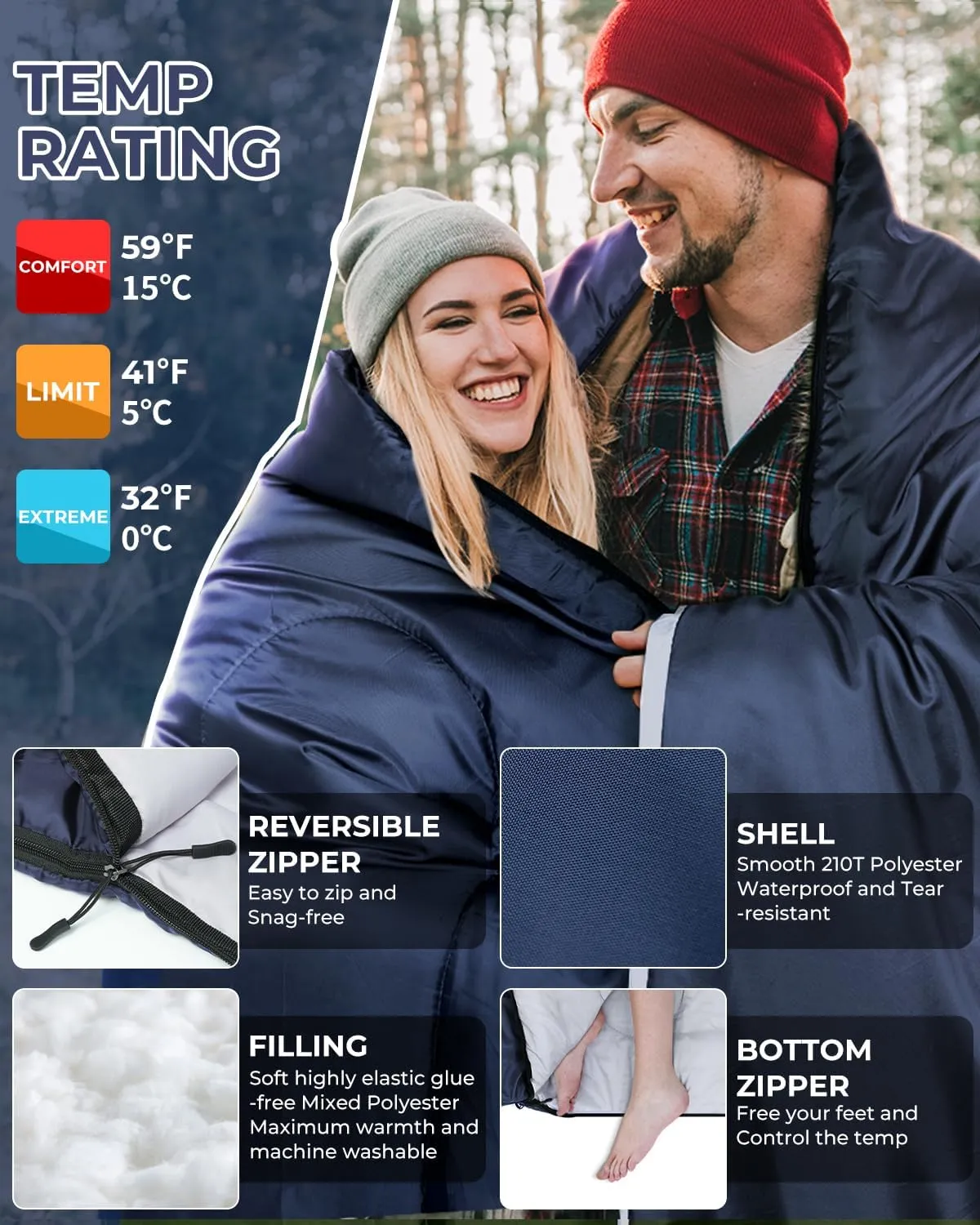 Ohuhu Double Sleeping Bag for Adults with 2 Pillows, Queen Size Two Person Sleeping Bag for Camping Hiking Backpacking 2 Person Sleeping Bags for Cold Weather & Warm