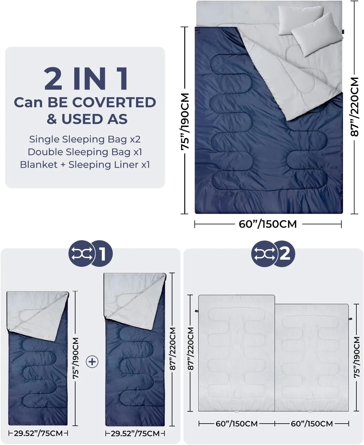 Ohuhu Double Sleeping Bag for Adults with 2 Pillows, Queen Size Two Person Sleeping Bag for Camping Hiking Backpacking 2 Person Sleeping Bags for Cold Weather & Warm
