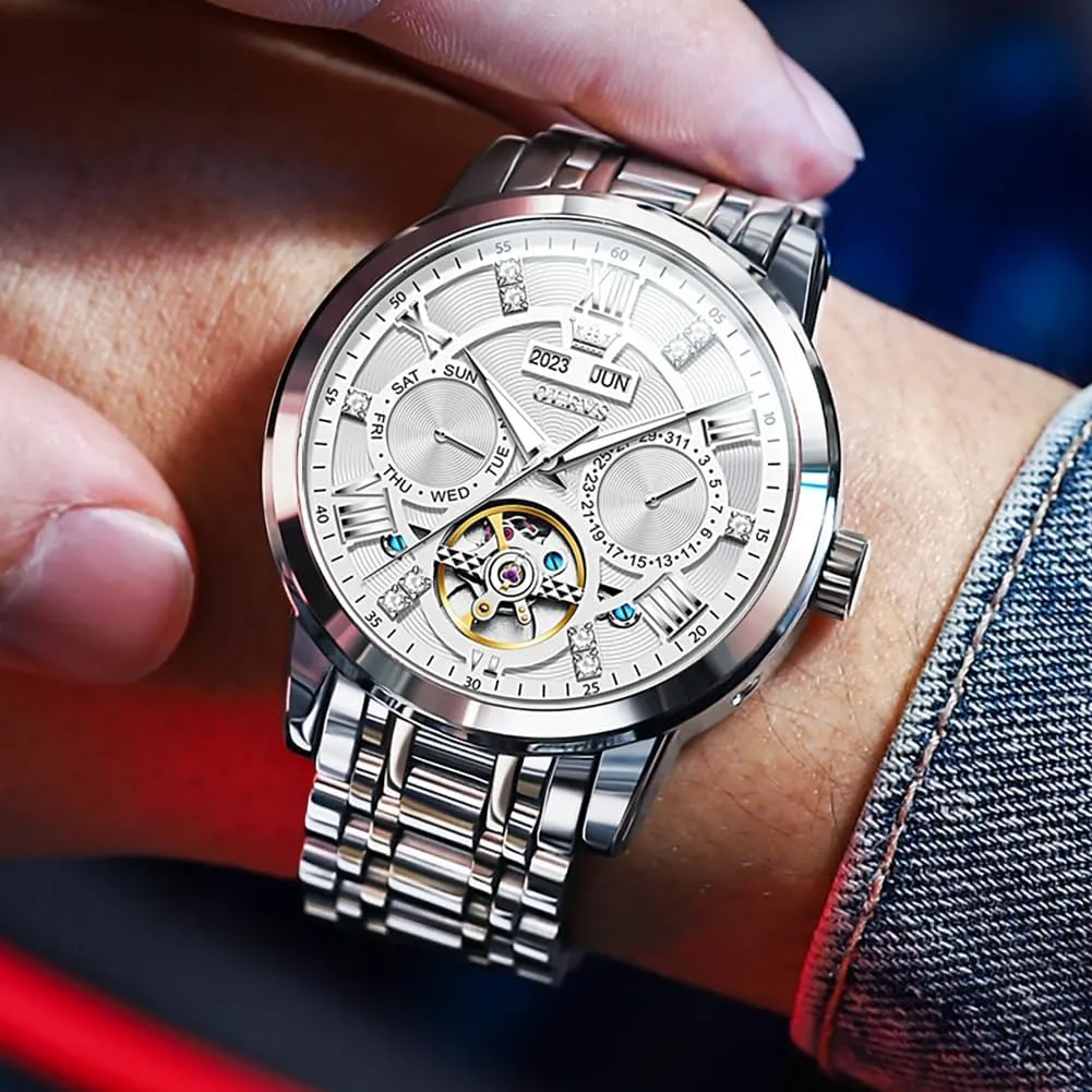 OLEVS Automatic Watches for Men Self Winding Mechanical Skeleton Luxury Dress Stainless Steel Diamond Men Wrist Watches